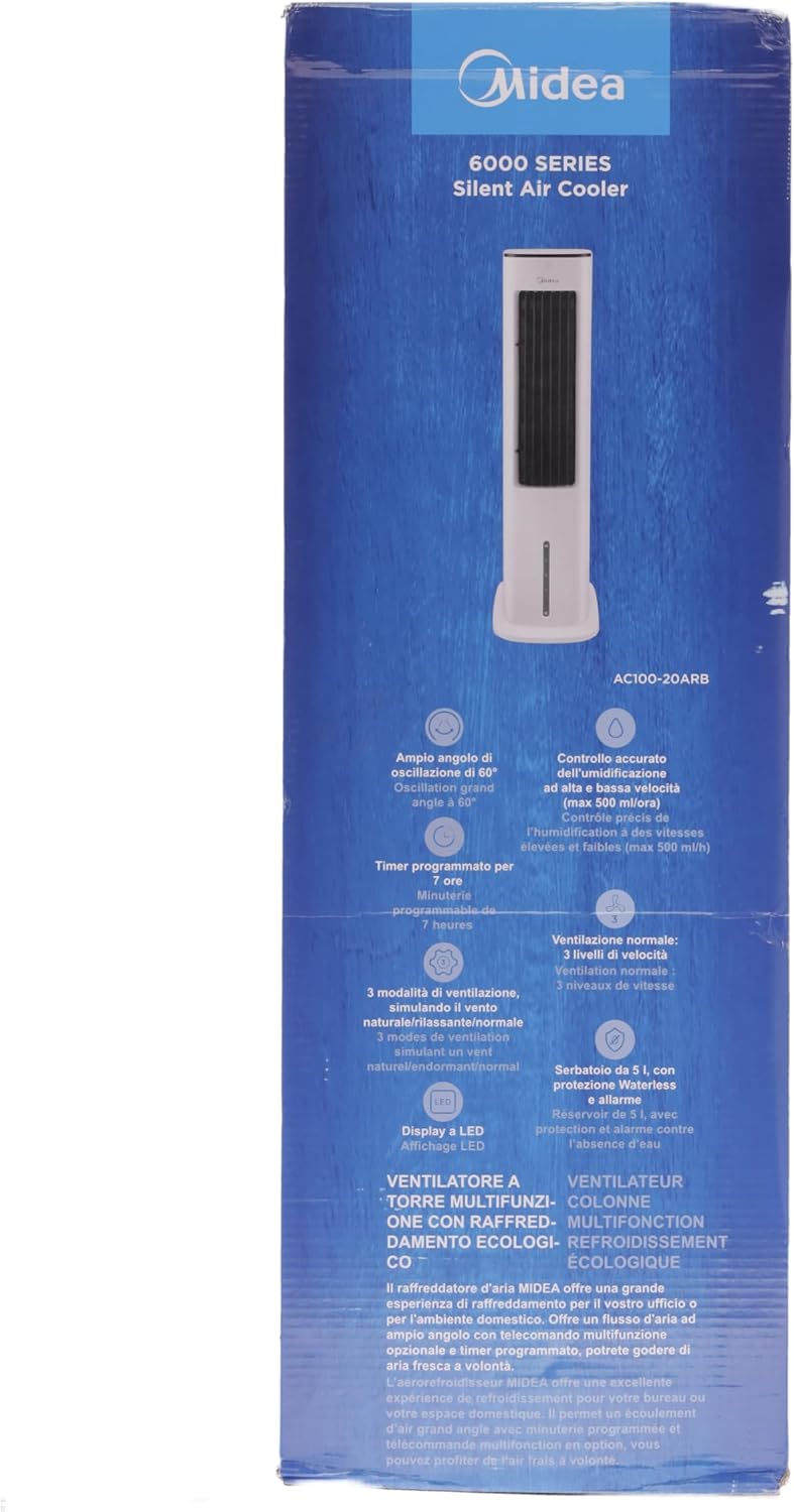 Pharmics Electro – Midea Air Cooler with Water Cooling, Portable AC, 5L Evaporative Fan, Humidifier & Ionizer, No Exhaust Hose, Remote Control, 355 m³/h, 55W, White