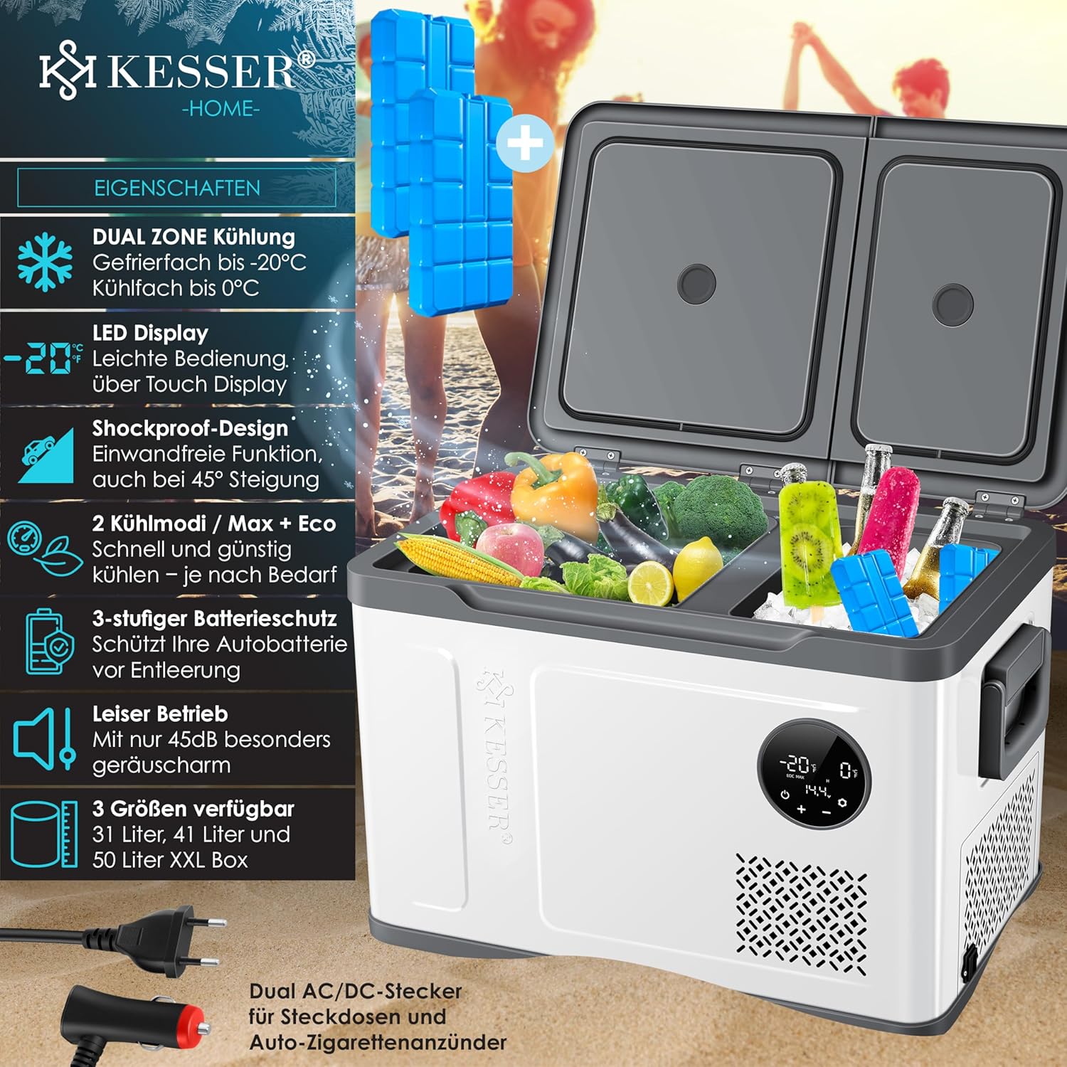 Pharmics Electro – KESSER Compressor Cooler Box 2-in-1 with Dual Zone Cooling and Freezing, LED Touch Display, 12/24V & 230V, Down to -20°C