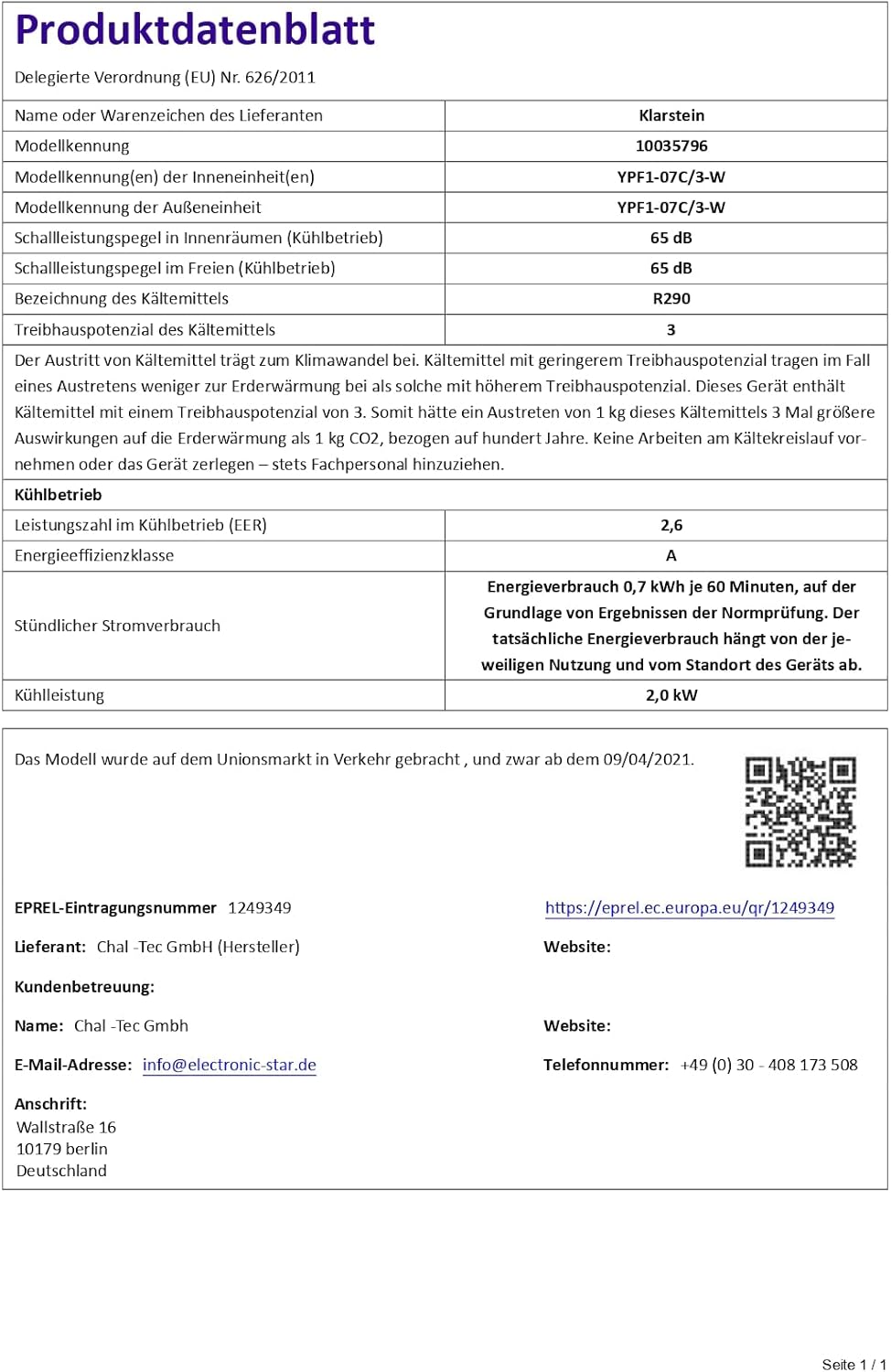 Pharmics Electro – Klarstein Portable 4-in-1 Air Conditioner, 9000 BTU, Cooling, Dehumidifier, Fan & Night Mode for Home & Office