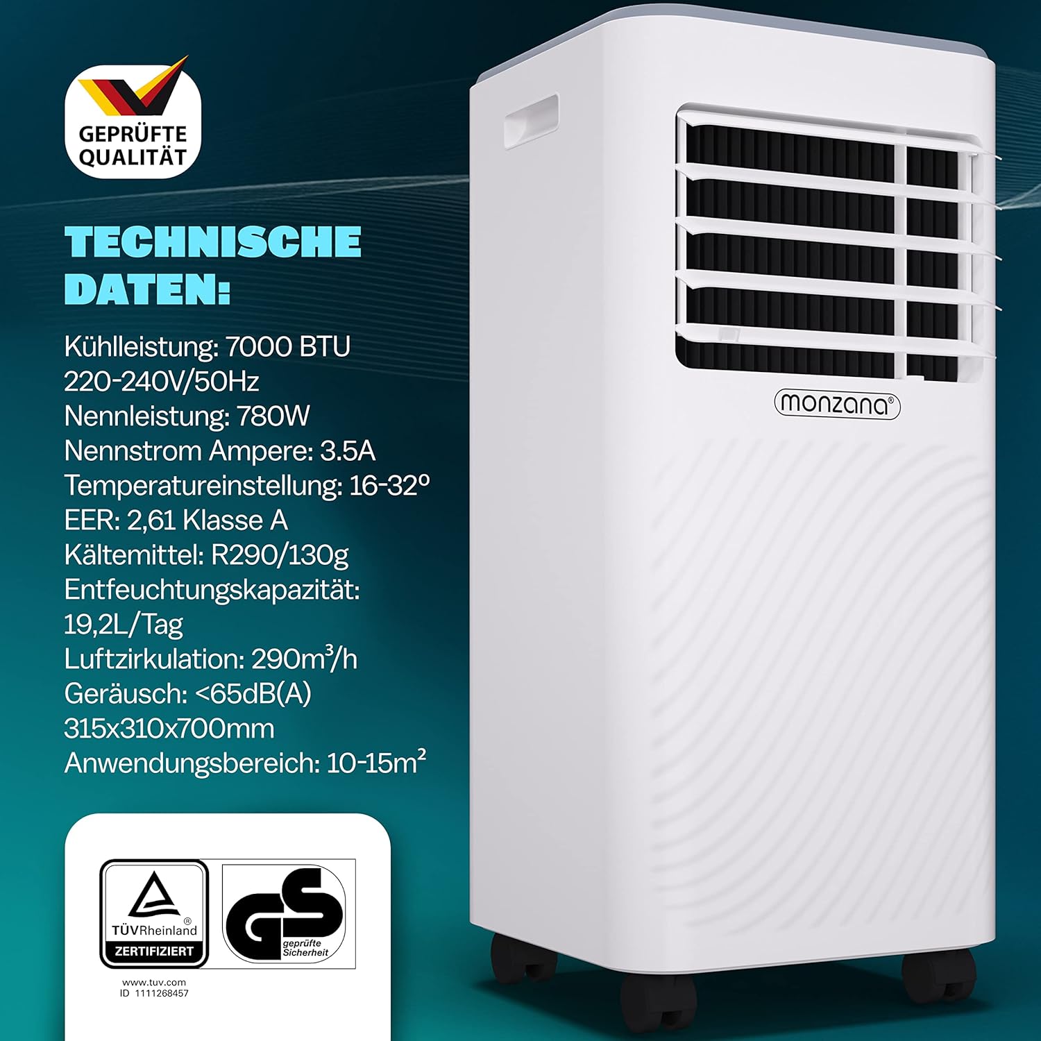 Pharmics Electro – Monzana MZKA2000 Mobile Klimaanlage 3-in-1 mit Abluftschlauch, 7000 BTU, 24h Timer & Fernbedienung