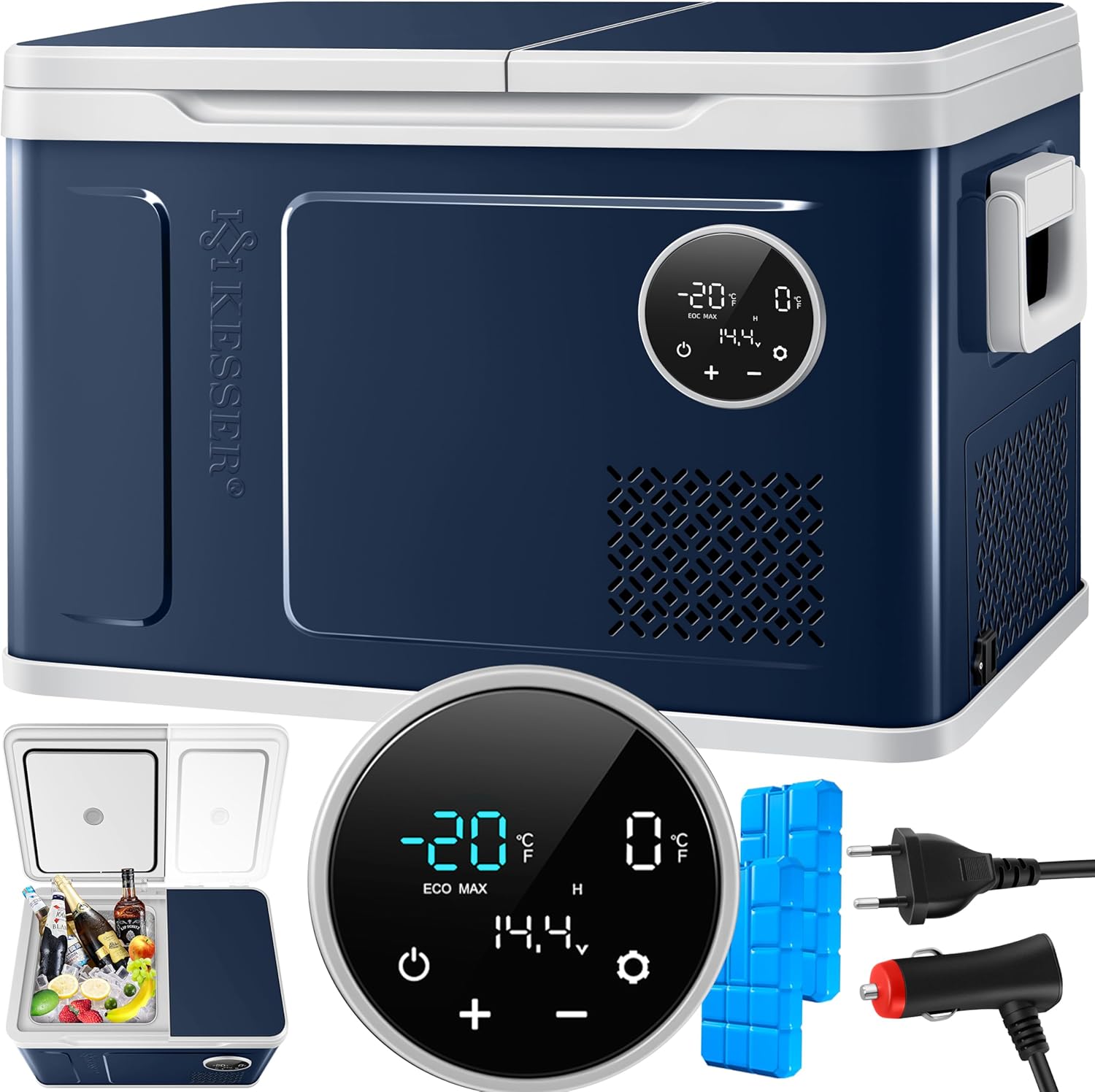 Pharmics Electro – KESSER Compressor Cooler Box 2-in-1 with Dual Zone Cooling and Freezing, LED Touch Display, 12/24V & 230V, Down to -20°C