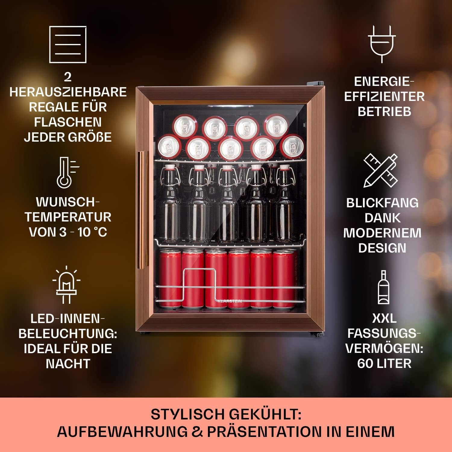 Pharmics Electro – Klarstein Mini Fridge with Glass Door, 80L Beverage Cooler, Adjustable Shelves, Quiet Compact Indoor/Outdoor Refrigerator