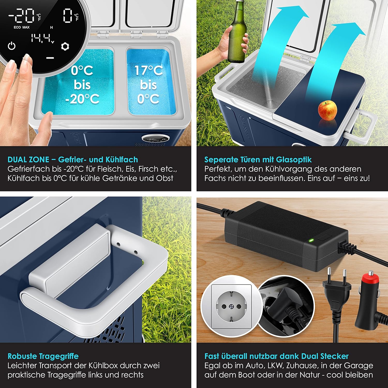 Pharmics Electro – KESSER Compressor Cooler Box 2-in-1 with Dual Zone Cooling and Freezing, LED Touch Display, 12/24V & 230V, Down to -20°C