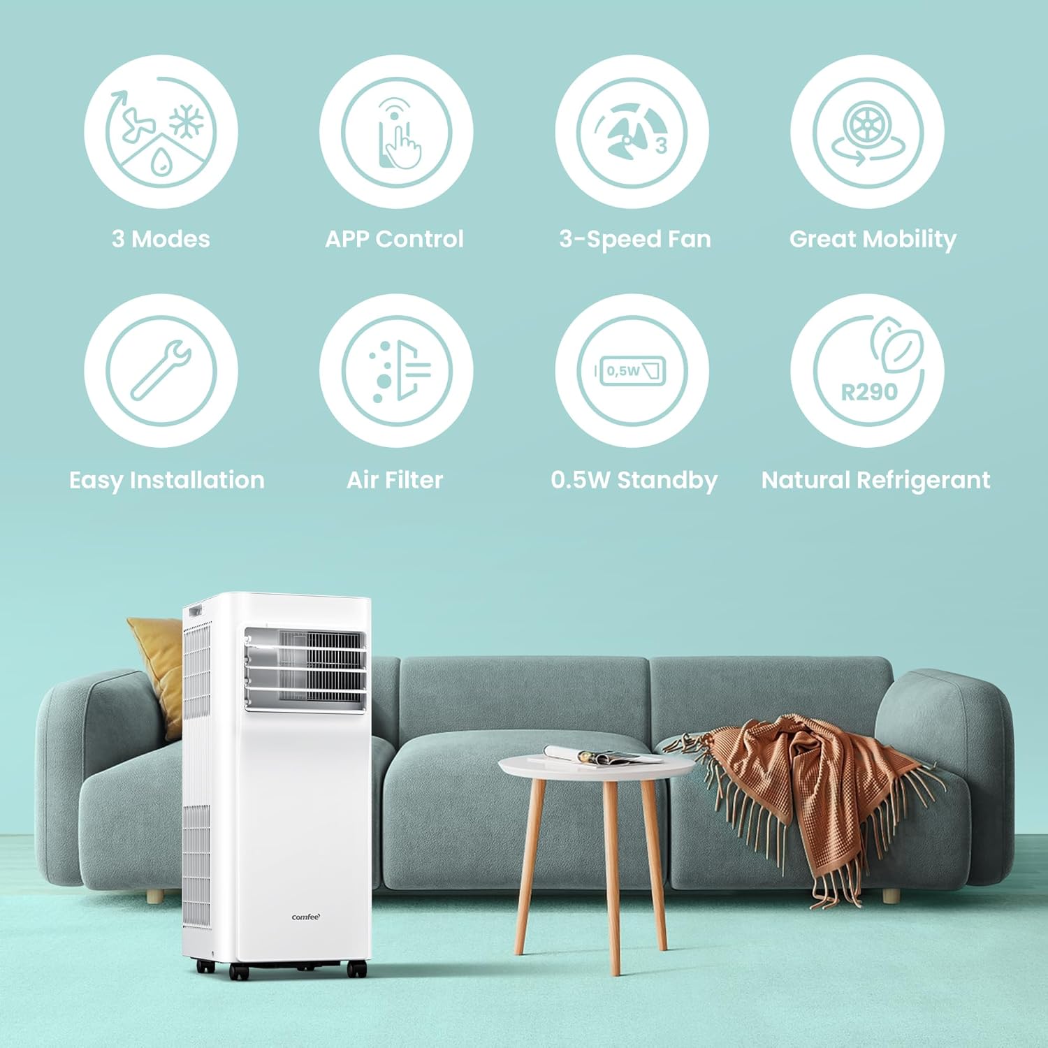 Pharmics Electro – Comfee Portable Air Conditioner MPPH-09CRN7, 9000 BTU / 2.6 kW, 3-in-1 Cooling, Dehumidifier & Fan, Up to 950 sq ft, with Exhaust Hose