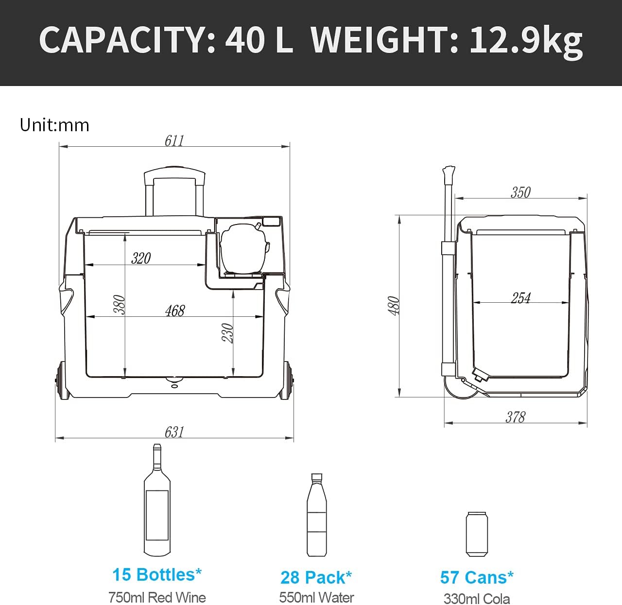 Pharmics Electro Alpicool CF55 55L Portable 12V Mini Fridge Freezer, -20°C to 20°C, for Car, Camping, Truck, Boat, AC/DC, with USB Port