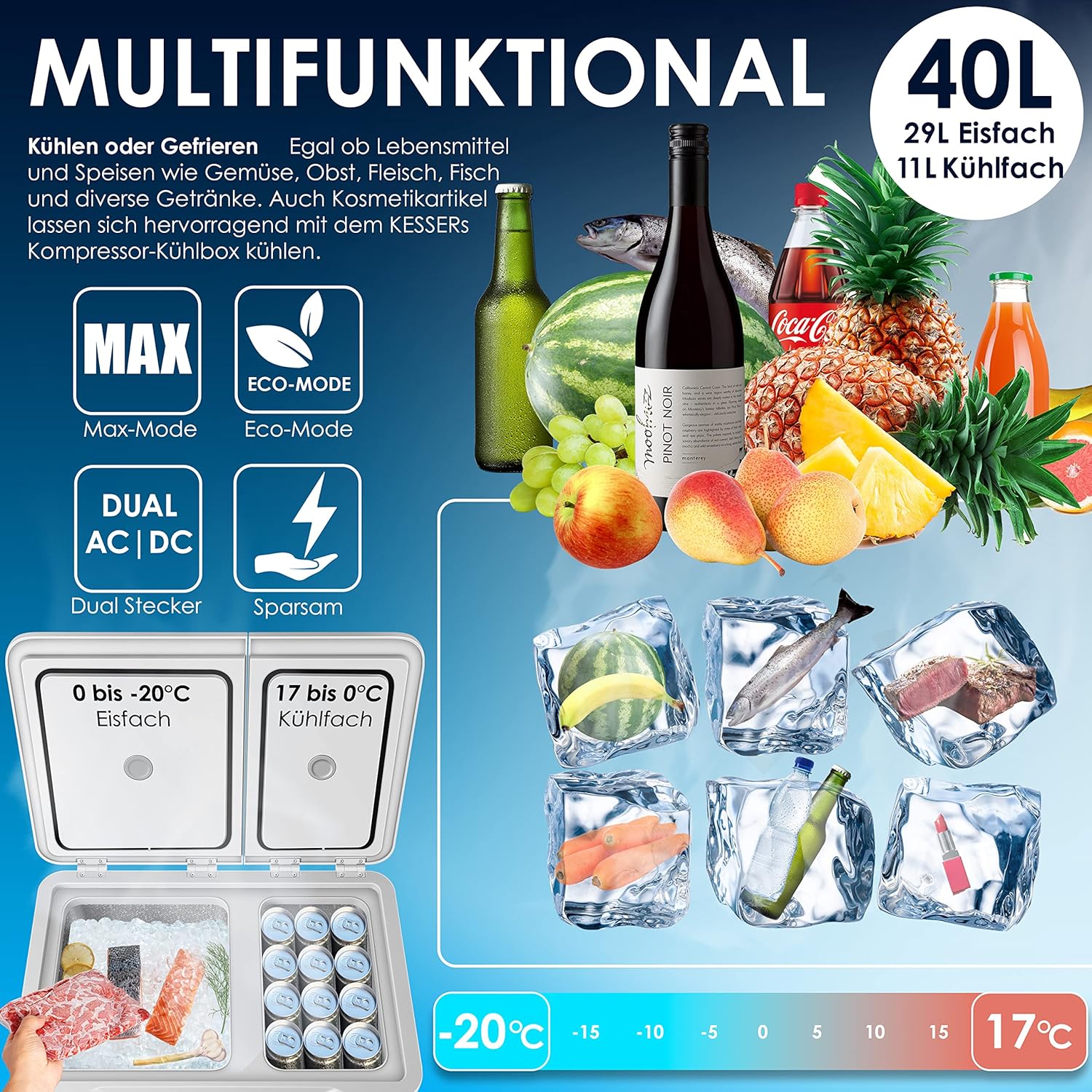 Pharmics Electro – KESSER Compressor Cooler Box 2-in-1 with Dual Zone Cooling and Freezing, LED Touch Display, 12/24V & 230V, Down to -20°C