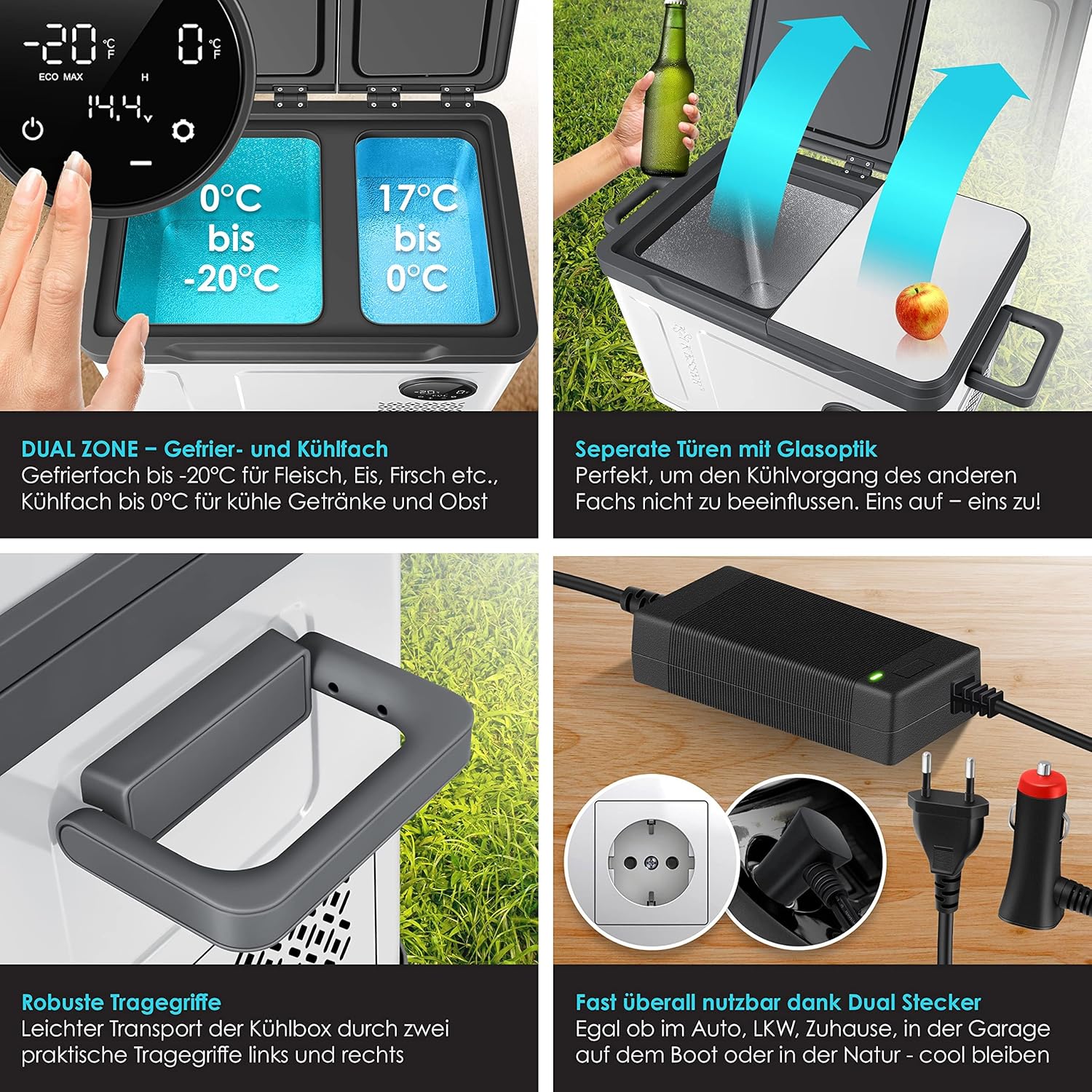 Pharmics Electro – KESSER Compressor Cooler Box 2-in-1 with Dual Zone Cooling and Freezing, LED Touch Display, 12/24V & 230V, Down to -20°C