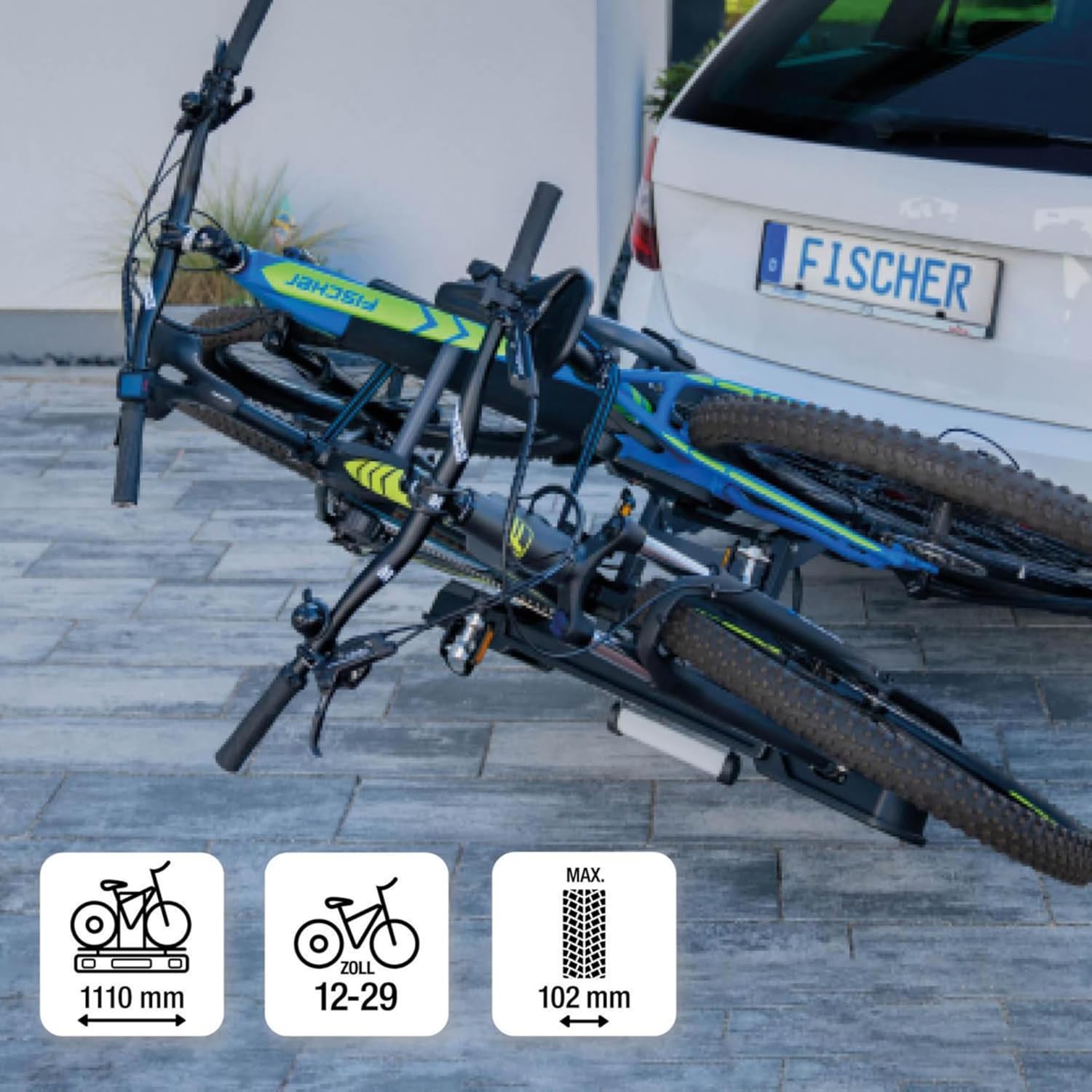 harmics Electro Fischer ProlineEvo 2 Hitch Bike Carrier for 2 Bikes, 60kg Capacity, E-Bike Compatible, Pre-Assembled, Lockable, Foldable