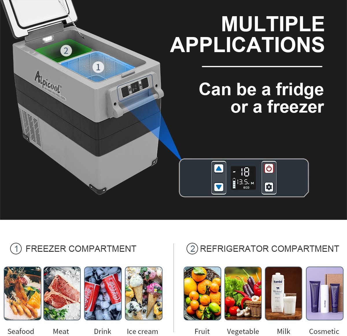 Pharmics Electro Alpicool CF55 55L Portable 12V Mini Fridge Freezer, -20°C to 20°C, for Car, Camping, Truck, Boat, AC/DC, with USB Port