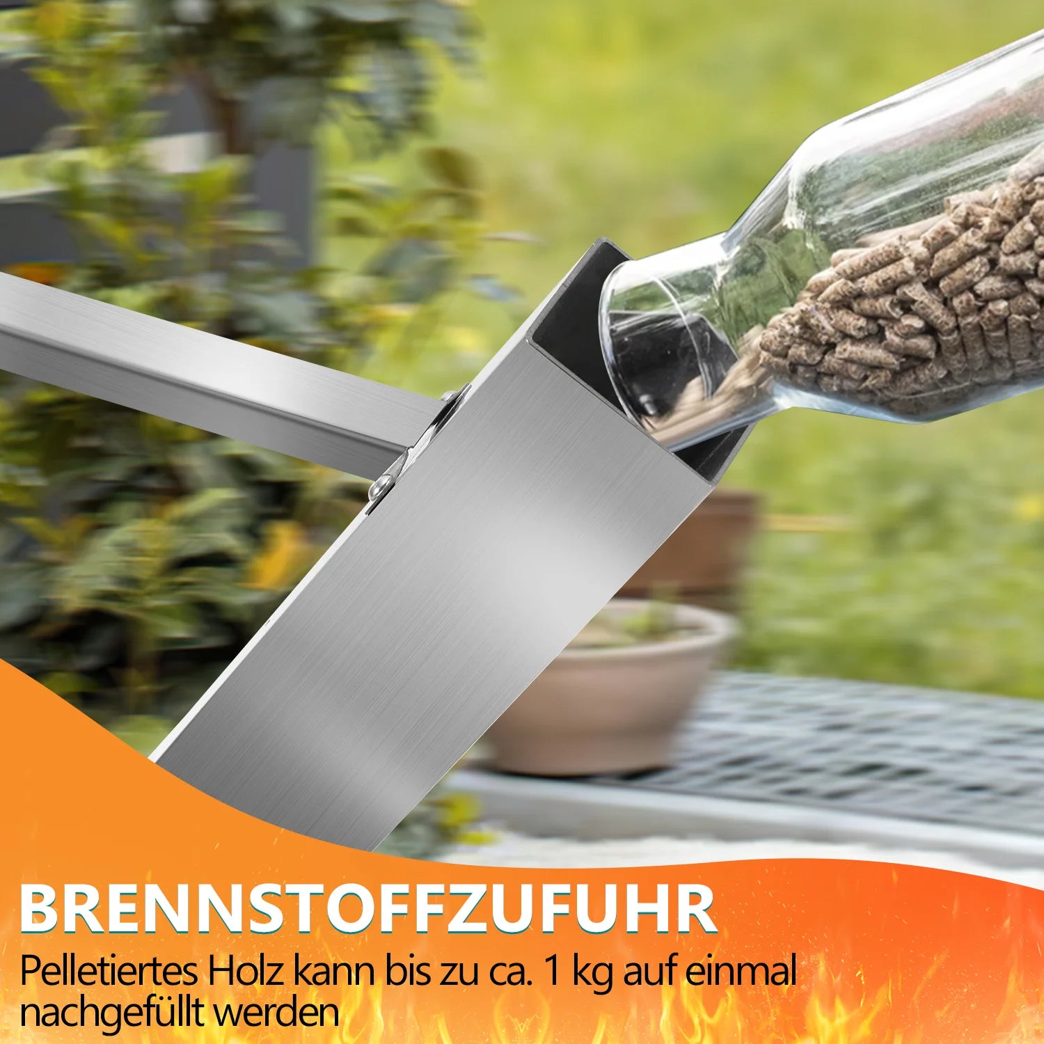Pharmics Electro – Sonnewelt Pelletfackel aus Edelstahl mit Glasrohr, Feuerrohr für Outdoor-Heizung & Ambiente