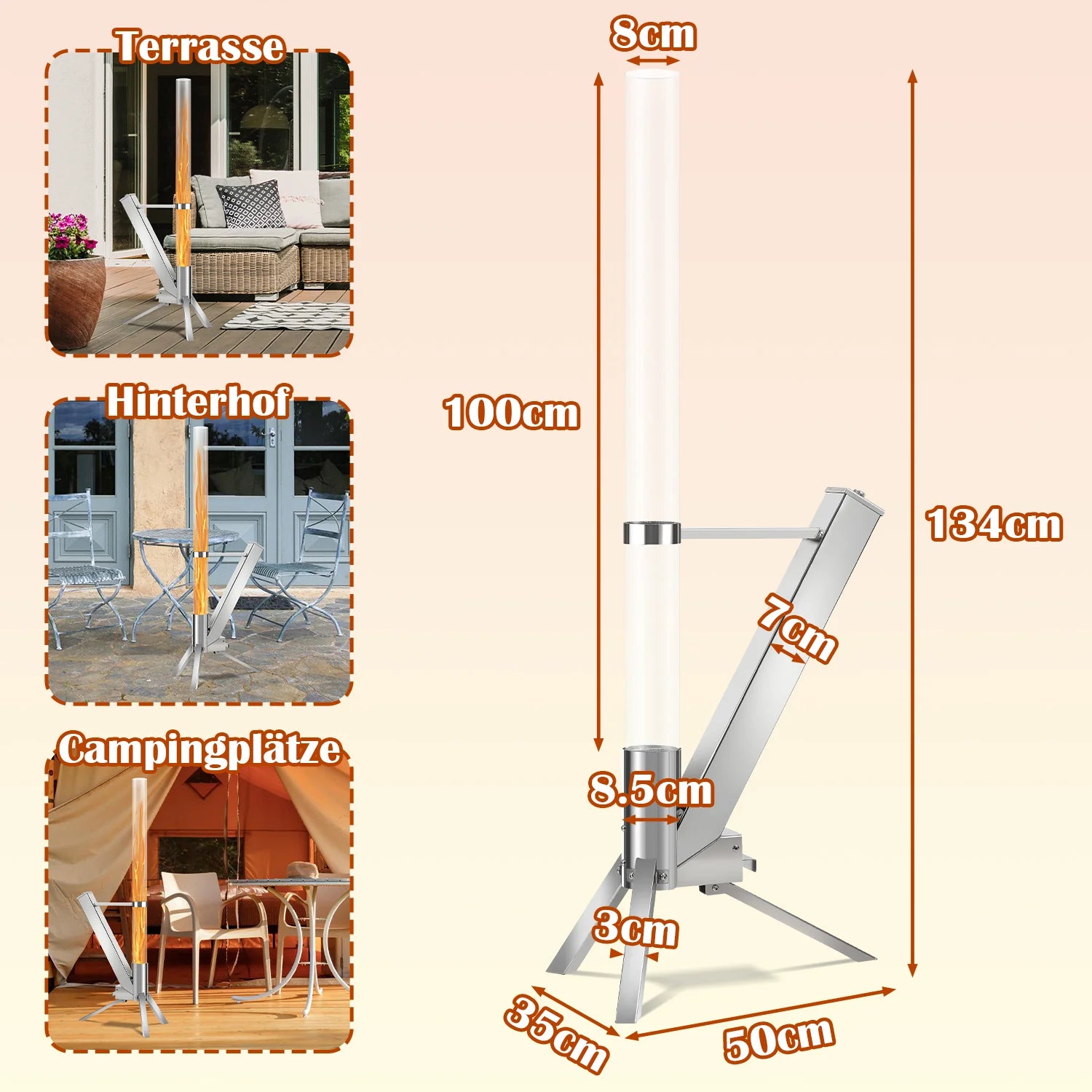 Pharmics Electro – Sonnewelt Pelletfackel aus Edelstahl mit Glasrohr, Feuerrohr für Outdoor-Heizung & Ambiente