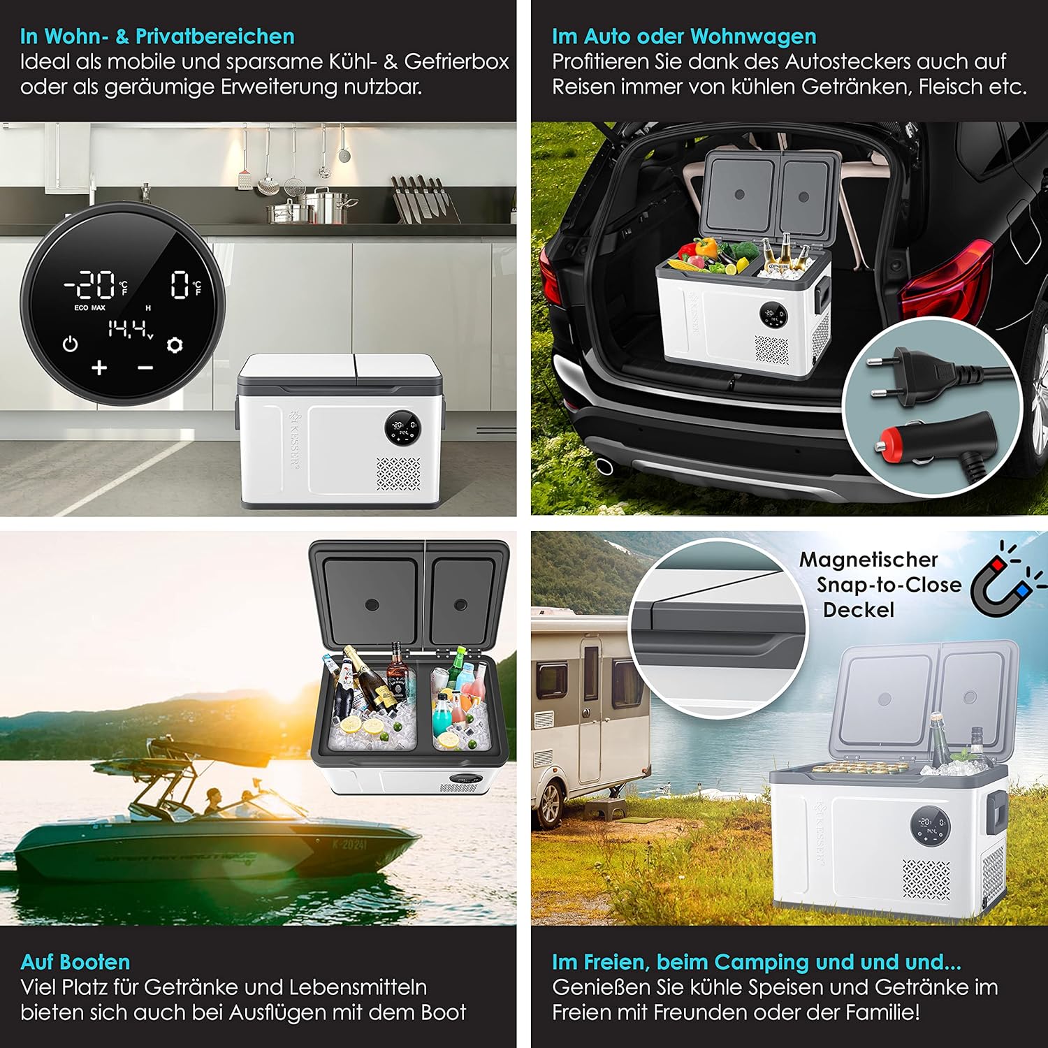 Pharmics Electro – KESSER Compressor Cooler Box 2-in-1 with Dual Zone Cooling and Freezing, LED Touch Display, 12/24V & 230V, Down to -20°C