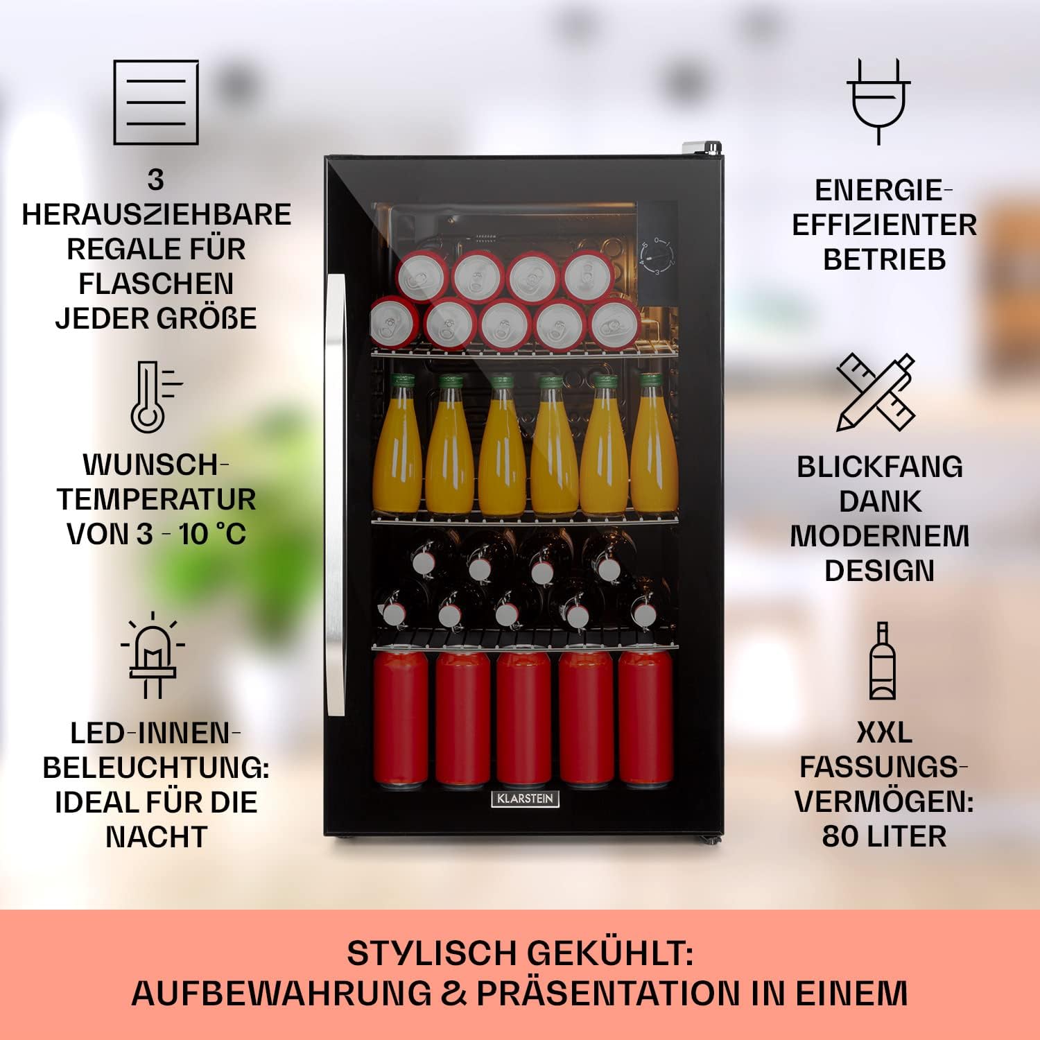 Pharmics Electro – Klarstein Mini Fridge with Glass Door, 80L Beverage Cooler, Adjustable Shelves, Quiet Compact Indoor/Outdoor Refrigerator