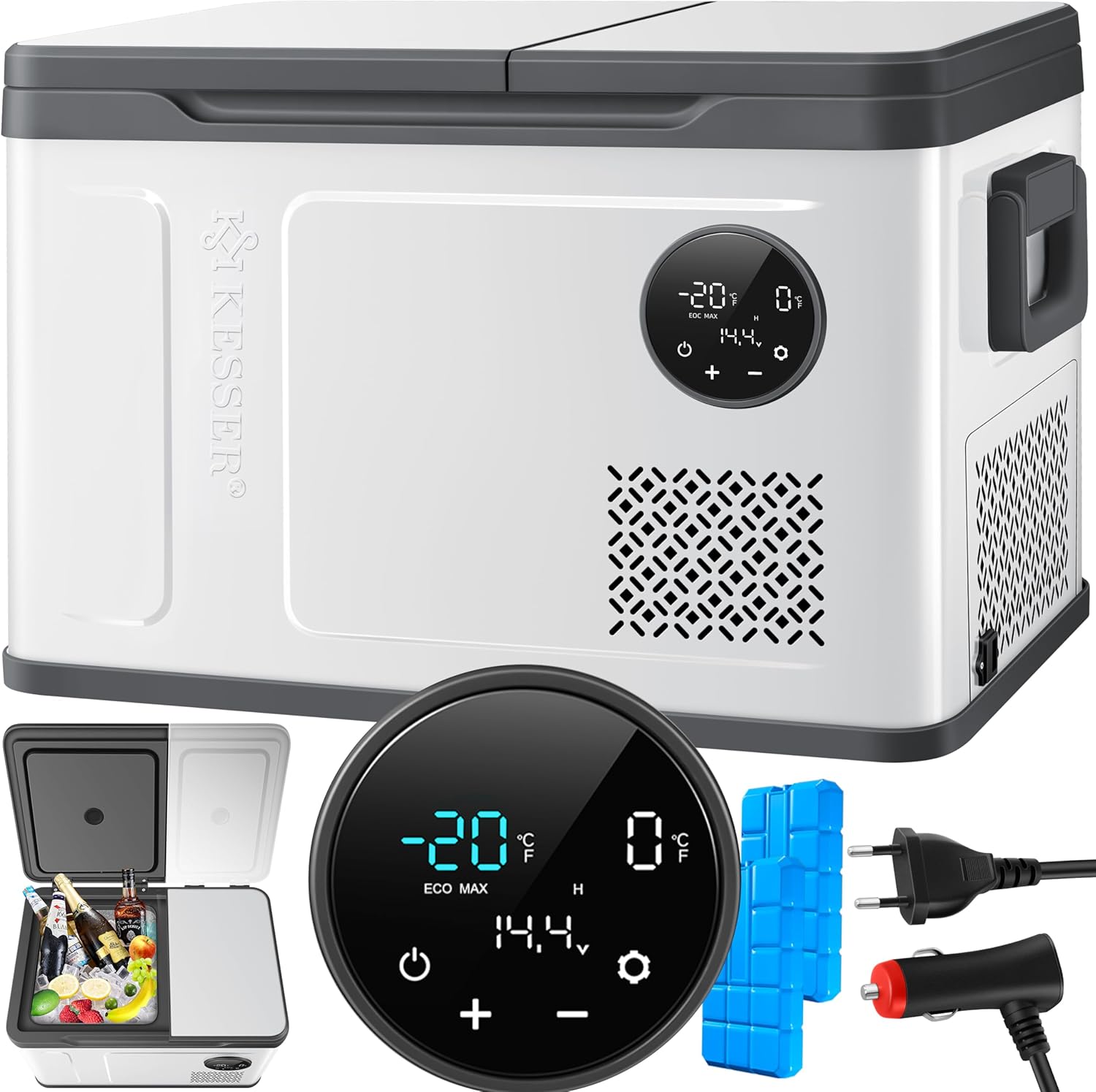 Pharmics Electro – KESSER Compressor Cooler Box 2-in-1 with Dual Zone Cooling and Freezing, LED Touch Display, 12/24V & 230V, Down to -20°C