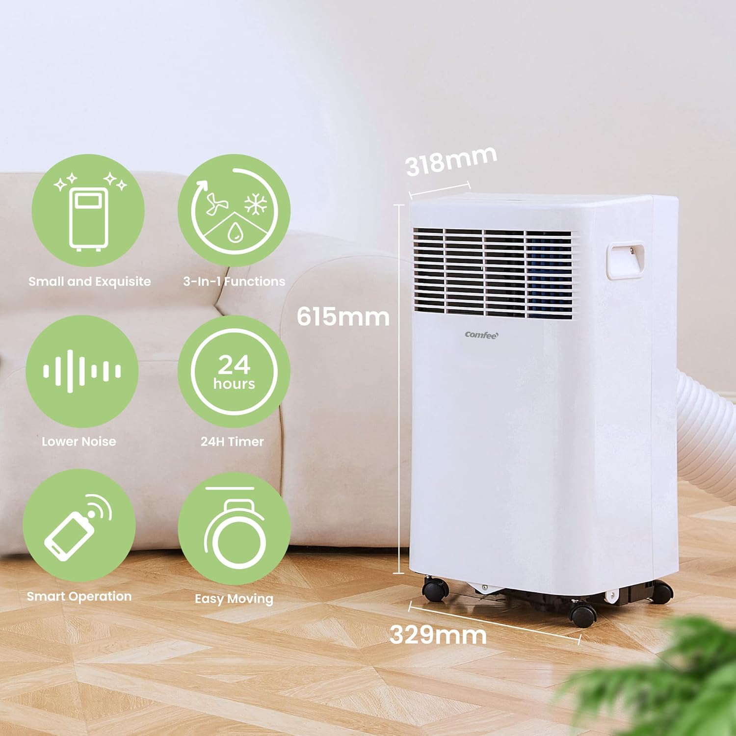 Pharmics Electro – Comfee Portable Air Conditioner MPPH-09CRN7, 9000 BTU / 2.6 kW, 3-in-1 Cooling, Dehumidifier & Fan, Up to 950 sq ft, with Exhaust Hose