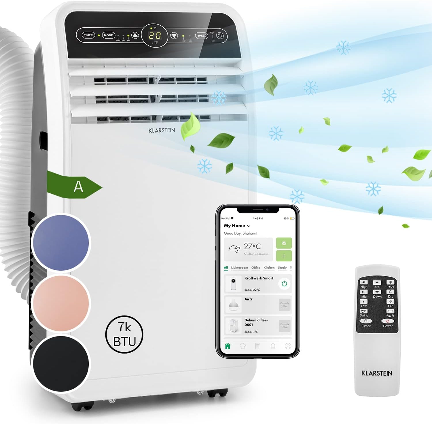 Pharmics Electro – Klarstein Portable 4-in-1 Air Conditioner, 9000 BTU, Cooling, Dehumidifier, Fan & Night Mode for Home & Office