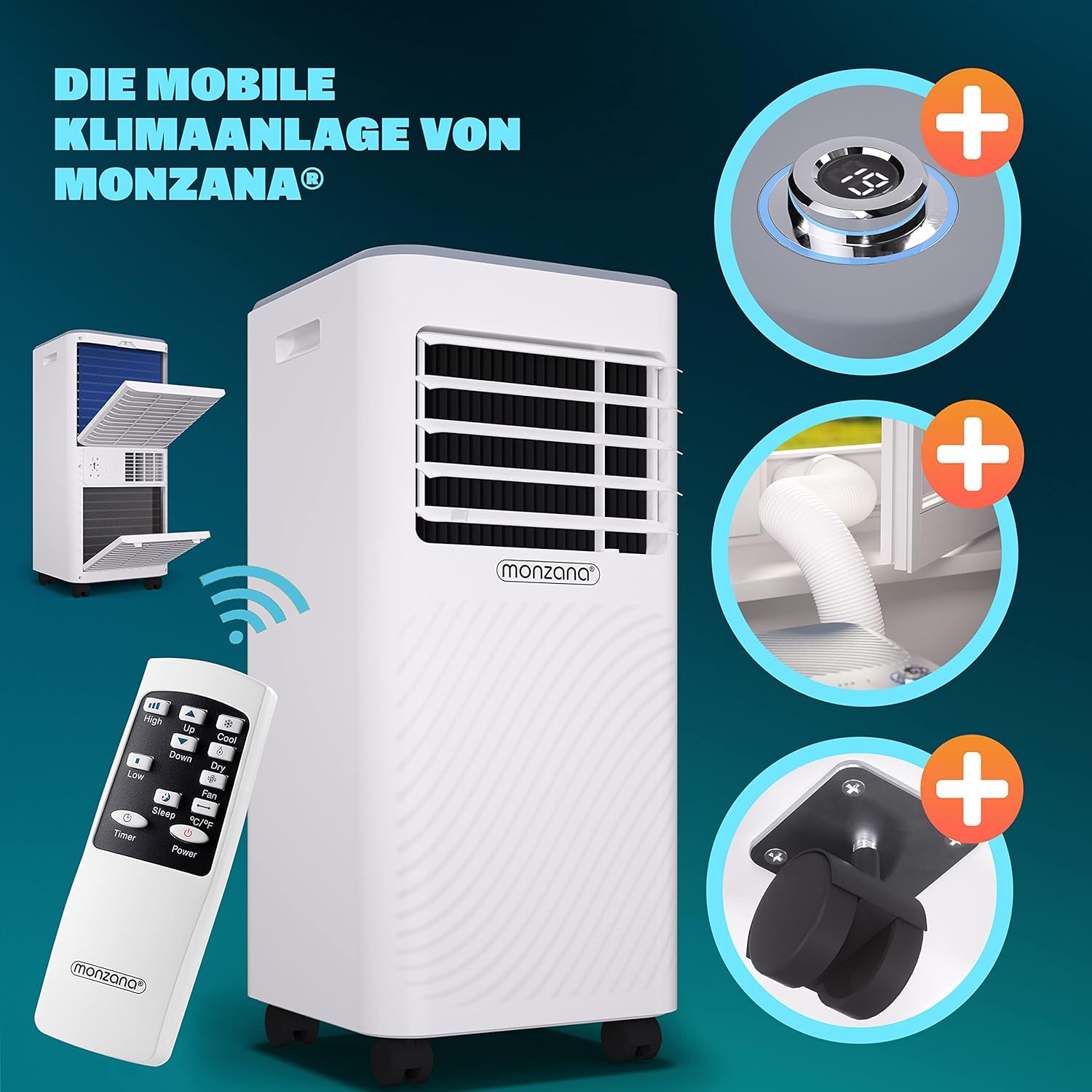 Pharmics Electro – Monzana MZKA2000 Mobile Klimaanlage 3-in-1 mit Abluftschlauch, 7000 BTU, 24h Timer & Fernbedienung