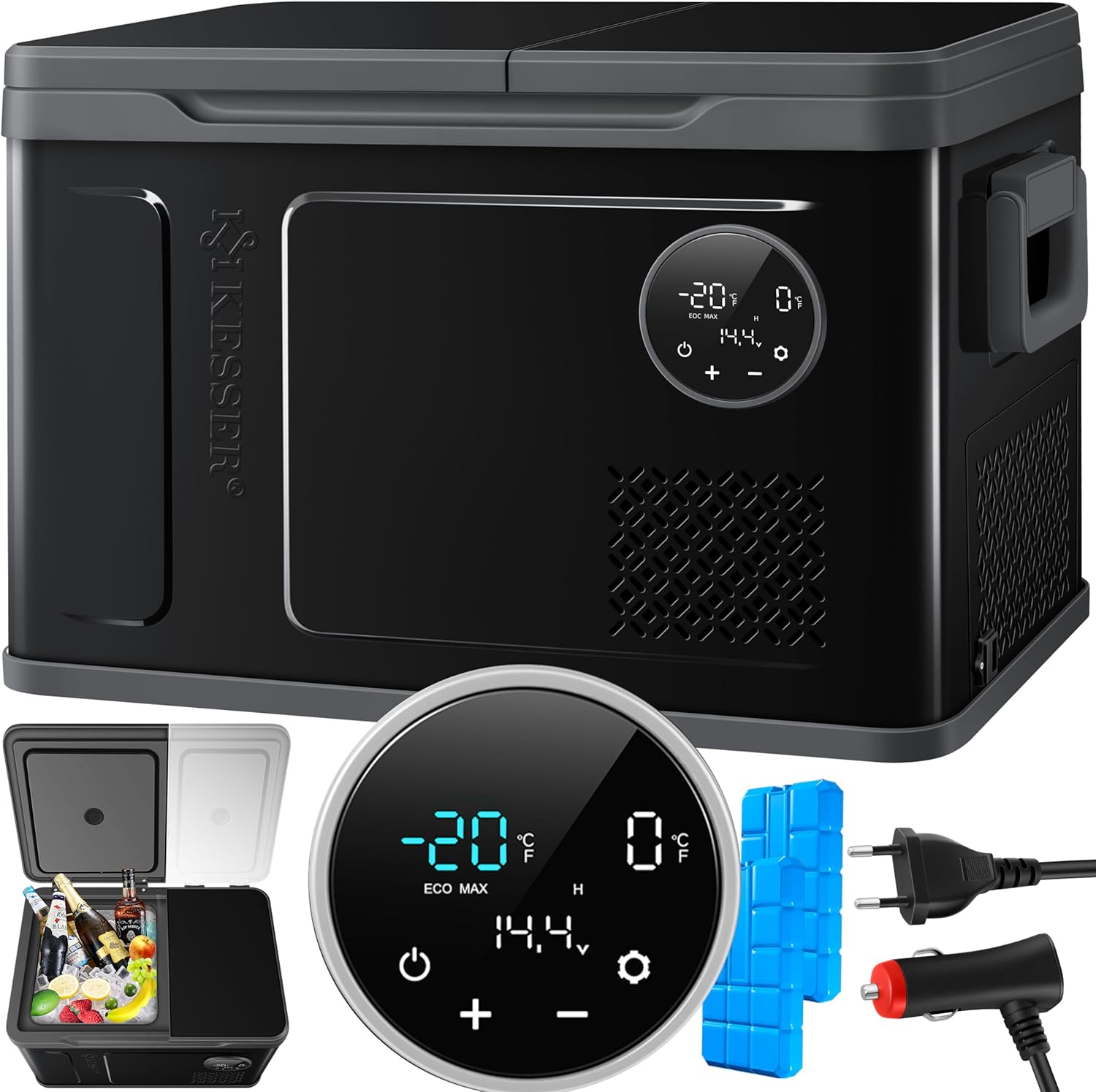 Pharmics Electro – KESSER Compressor Cooler Box 2-in-1 with Dual Zone Cooling and Freezing, LED Touch Display, 12/24V & 230V, Down to -20°C
