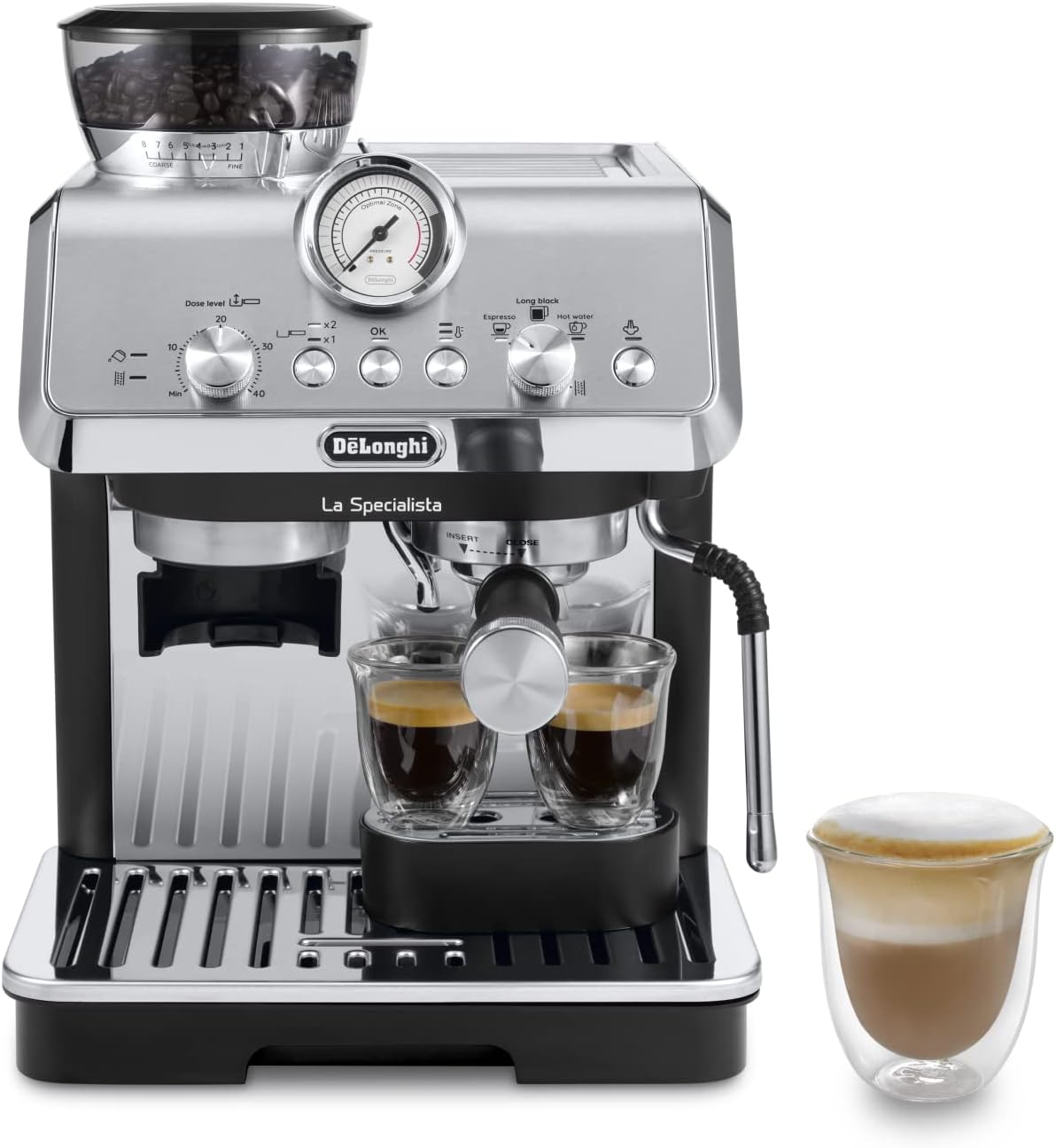Pharmics Electro – De'Longhi La Specialista Arte EC9155.MB Espresso Machine, Integrated Grinder, 8 Grind Settings, 15 Bar, 3 Temperatures, Milk Frother, 1300W, 1.5L Tank, Stainless Steel/Black, Barista Kit Included