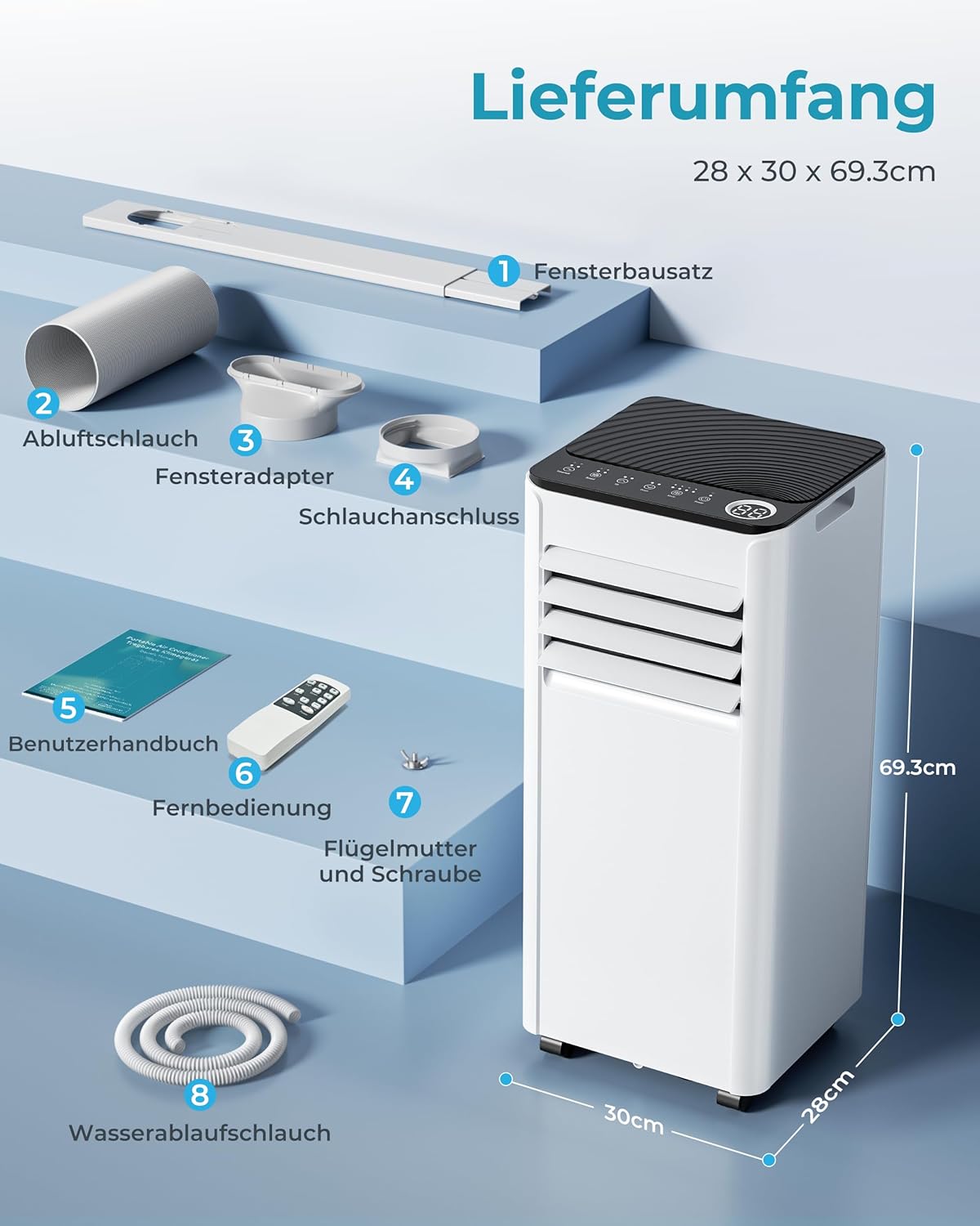 Pharmics Electro – 9000 BTU Portable Air Conditioner with Exhaust Hose | 4-in-1 Mobile AC | Quiet Operation <48 dB | Digital Display & Remote | Window Installation Kit | 24h Timer | For Rooms up to 25 m²