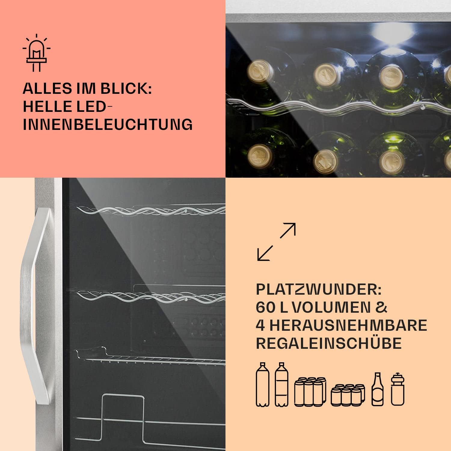 Pharmics Electro – Klarstein Mini Fridge with Glass Door, 80L Beverage Cooler, Adjustable Shelves, Quiet Compact Indoor/Outdoor Refrigerator