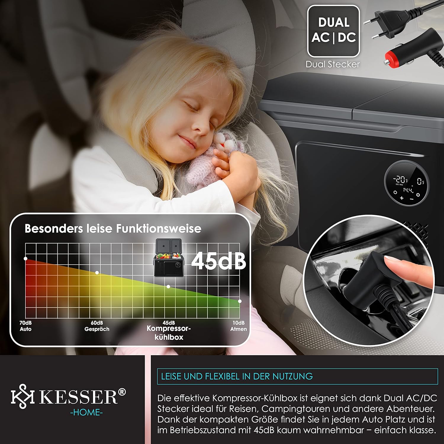 Pharmics Electro – KESSER Compressor Cooler Box 2-in-1 with Dual Zone Cooling and Freezing, LED Touch Display, 12/24V & 230V, Down to -20°C