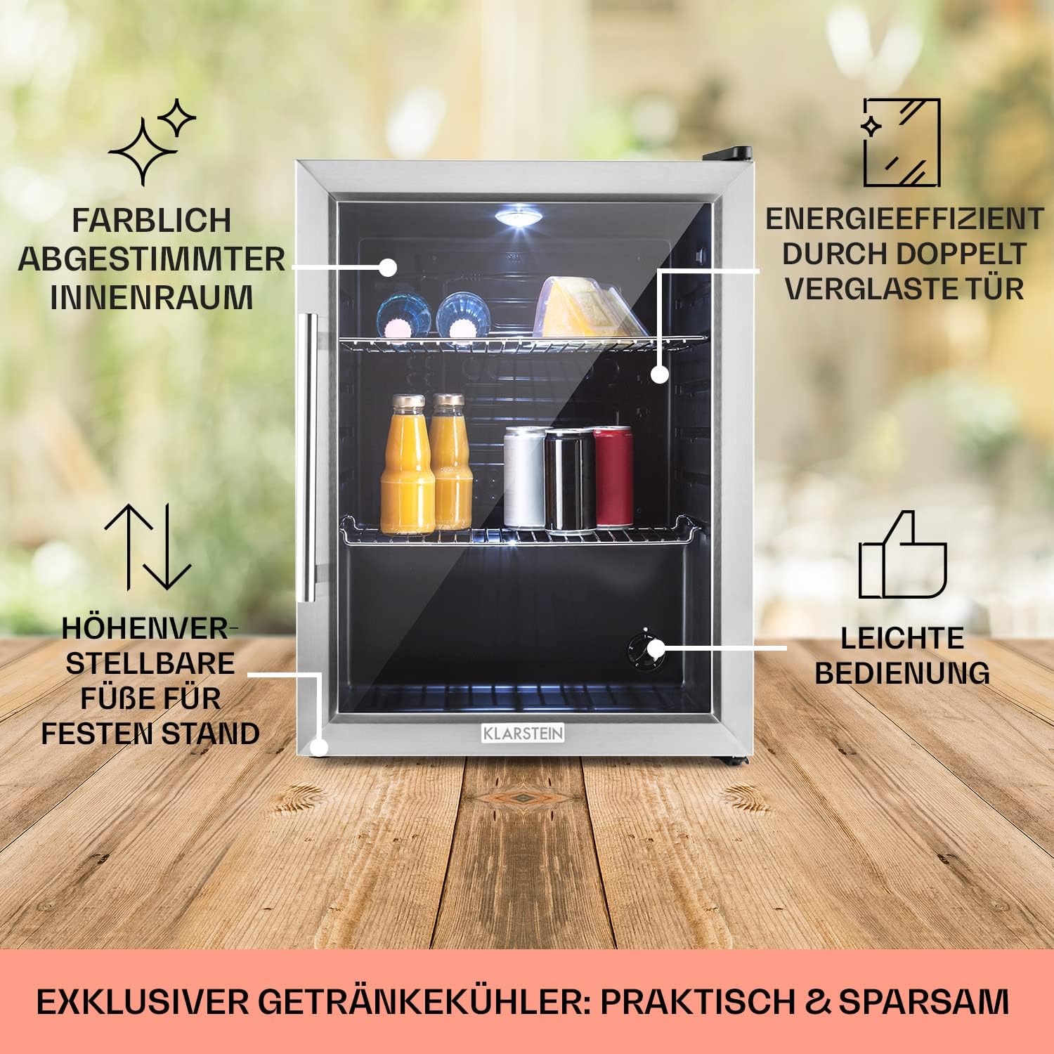 Pharmics Electro – Klarstein Mini Fridge with Glass Door, 80L Beverage Cooler, Adjustable Shelves, Quiet Compact Indoor/Outdoor Refrigerator