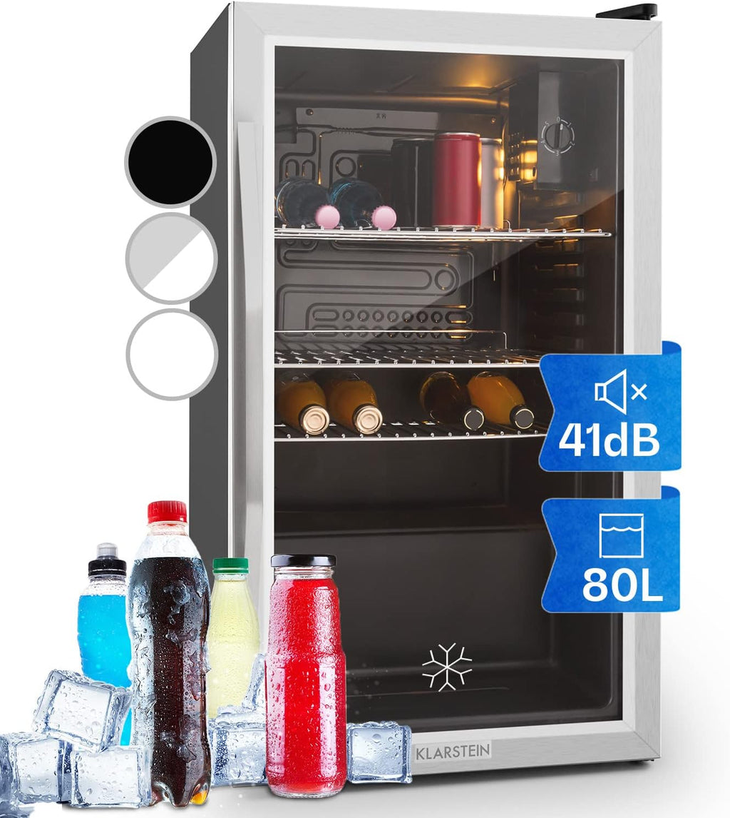 Pharmics Electro – Klarstein Mini Fridge with Glass Door, 80L Beverage Cooler, Adjustable Shelves, Quiet Compact Indoor/Outdoor Refrigerator
