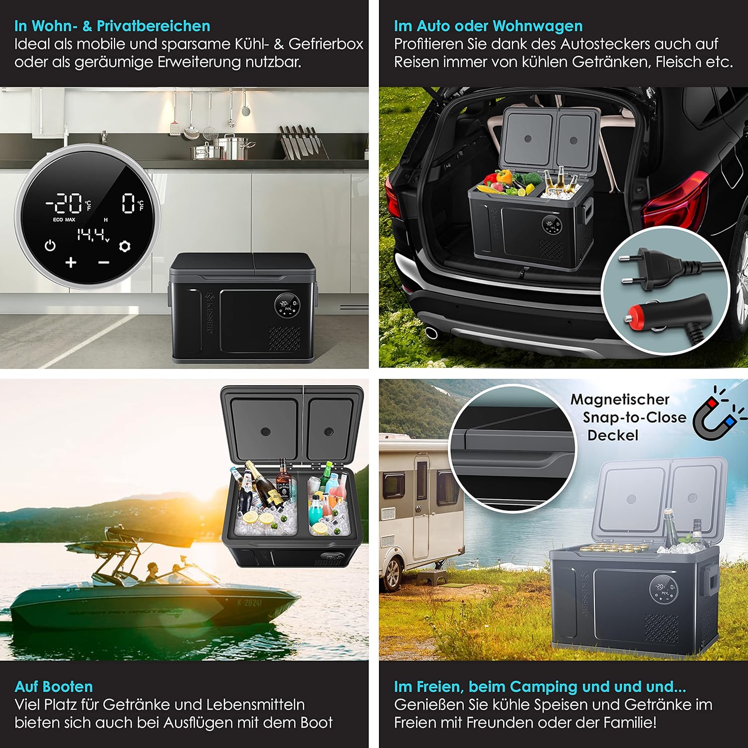 Pharmics Electro – KESSER Compressor Cooler Box 2-in-1 with Dual Zone Cooling and Freezing, LED Touch Display, 12/24V & 230V, Down to -20°C