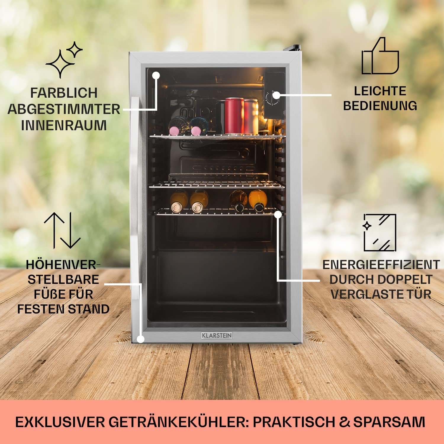 Pharmics Electro – Klarstein Mini Fridge with Glass Door, 80L Beverage Cooler, Adjustable Shelves, Quiet Compact Indoor/Outdoor Refrigerator