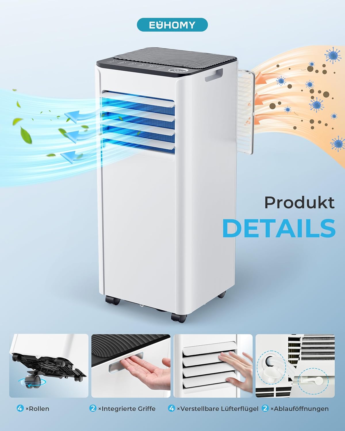 Pharmics Electro – 9000 BTU Portable Air Conditioner with Exhaust Hose | 4-in-1 Mobile AC | Quiet Operation <48 dB | Digital Display & Remote | Window Installation Kit | 24h Timer | For Rooms up to 25 m²