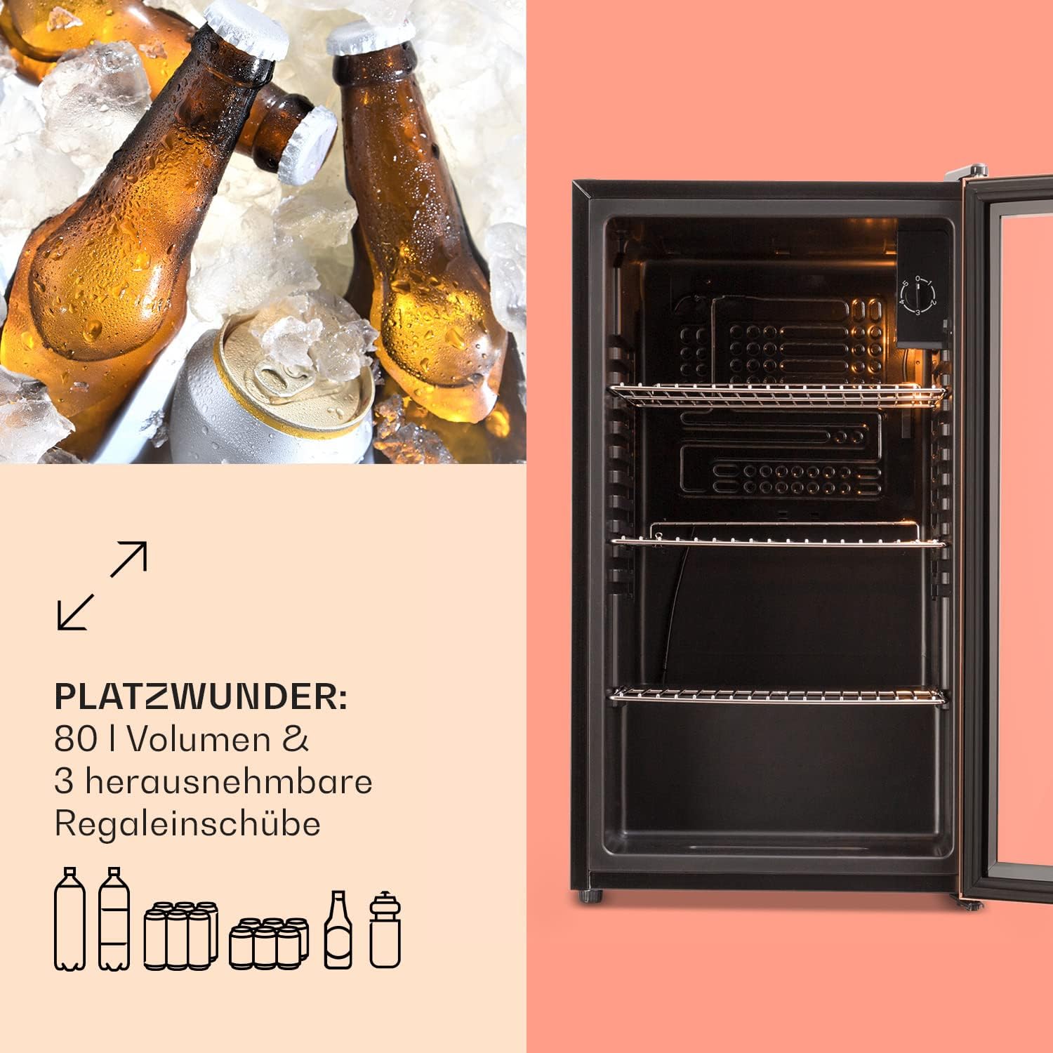Pharmics Electro – Klarstein Mini Fridge with Glass Door, 80L Beverage Cooler, Adjustable Shelves, Quiet Compact Indoor/Outdoor Refrigerator