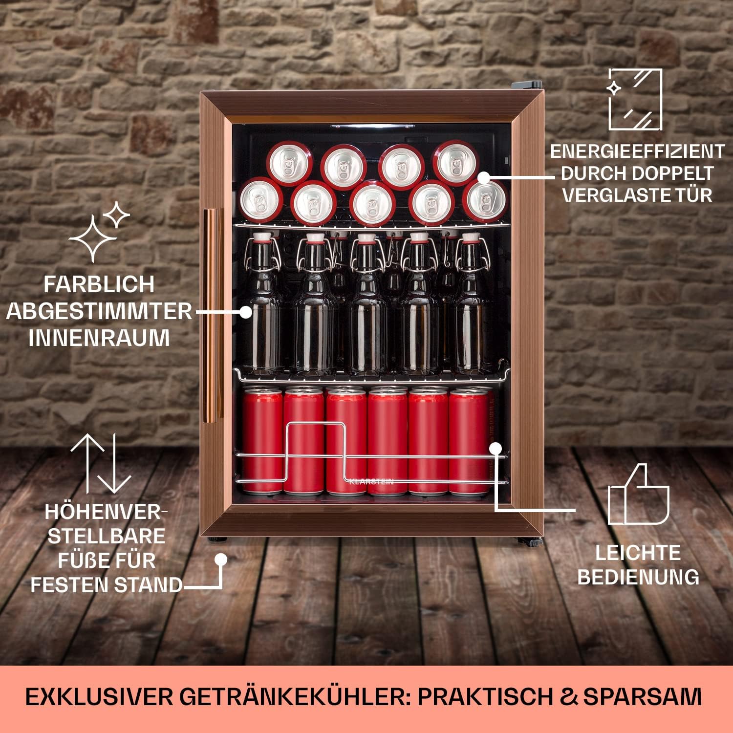 Pharmics Electro – Klarstein Mini Fridge with Glass Door, 80L Beverage Cooler, Adjustable Shelves, Quiet Compact Indoor/Outdoor Refrigerator