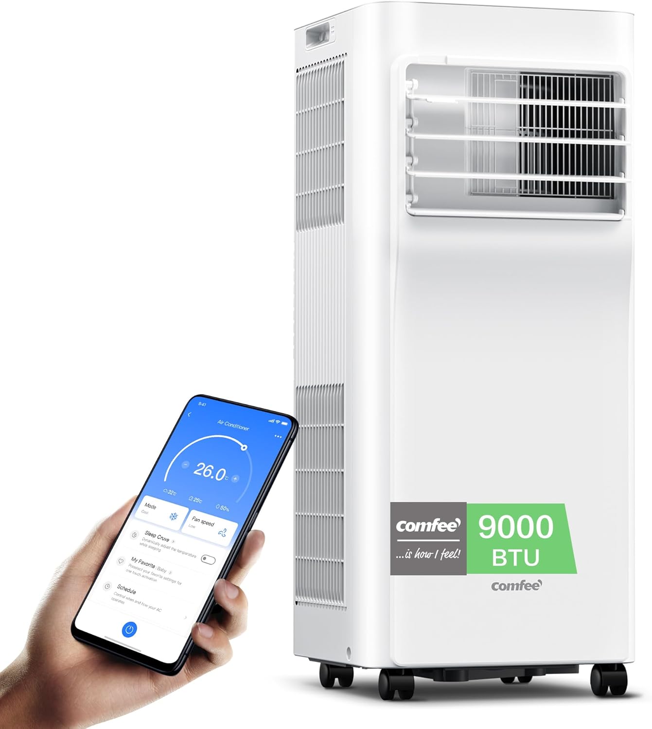 Pharmics Electro – Comfee Portable Air Conditioner MPPH-09CRN7, 9000 BTU / 2.6 kW, 3-in-1 Cooling, Dehumidifier & Fan, Up to 950 sq ft, with Exhaust Hose