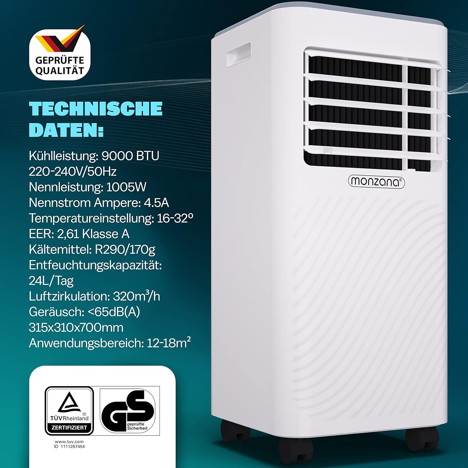 Pharmics Electro – Monzana MZKA2000 Mobile Klimaanlage 3-in-1 mit Abluftschlauch, 7000 BTU, 24h Timer & Fernbedienung