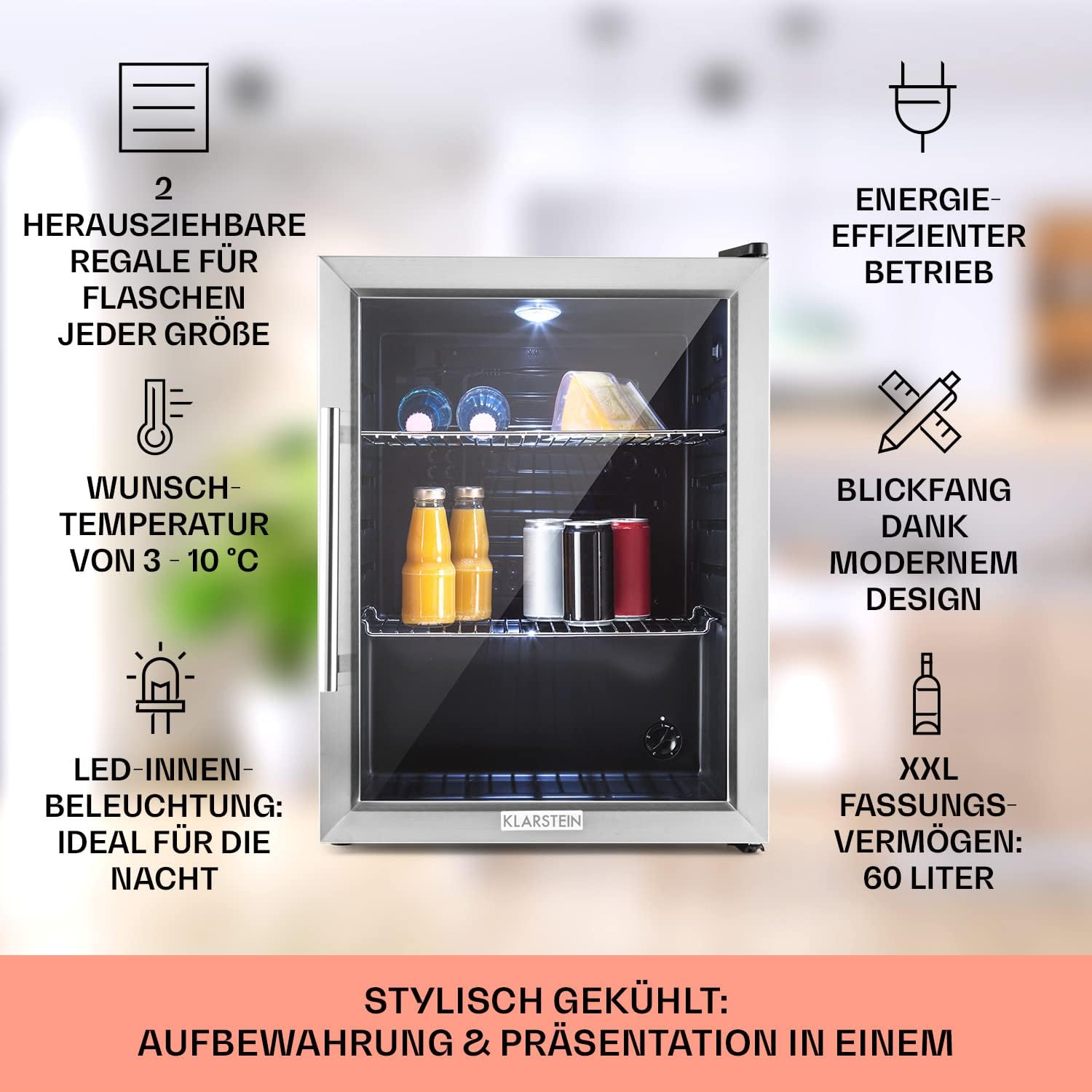 Pharmics Electro – Klarstein Mini Fridge with Glass Door, 80L Beverage Cooler, Adjustable Shelves, Quiet Compact Indoor/Outdoor Refrigerator