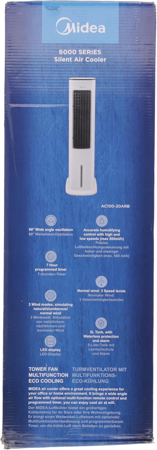 Pharmics Electro – Midea Air Cooler with Water Cooling, Portable AC, 5L Evaporative Fan, Humidifier & Ionizer, No Exhaust Hose, Remote Control, 355 m³/h, 55W, White