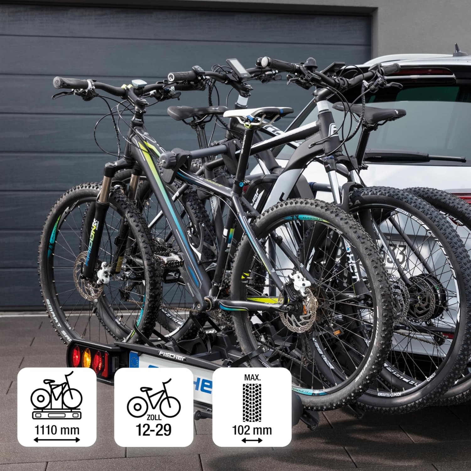 harmics Electro Fischer ProlineEvo 2 Hitch Bike Carrier for 2 Bikes, 60kg Capacity, E-Bike Compatible, Pre-Assembled, Lockable, Foldable