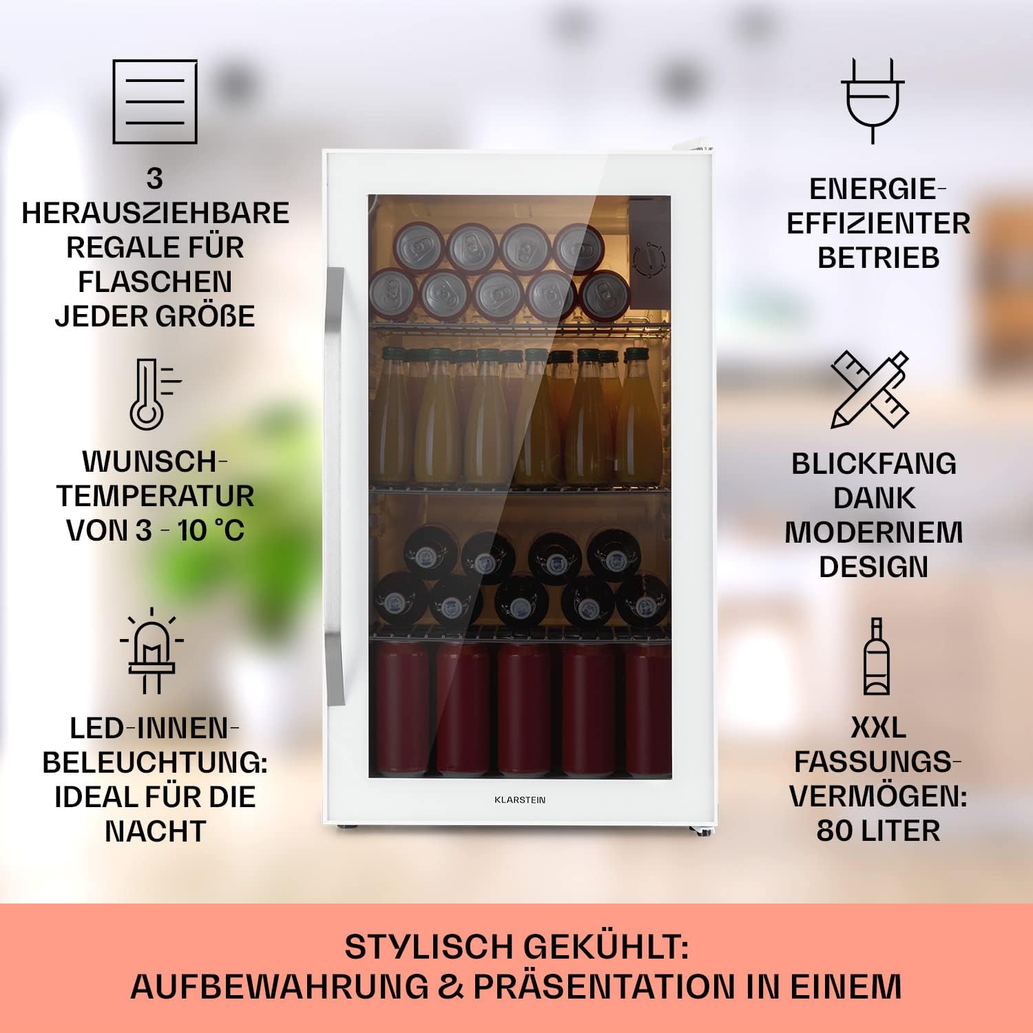 Pharmics Electro – Klarstein Mini Fridge with Glass Door, 80L Beverage Cooler, Adjustable Shelves, Quiet Compact Indoor/Outdoor Refrigerator