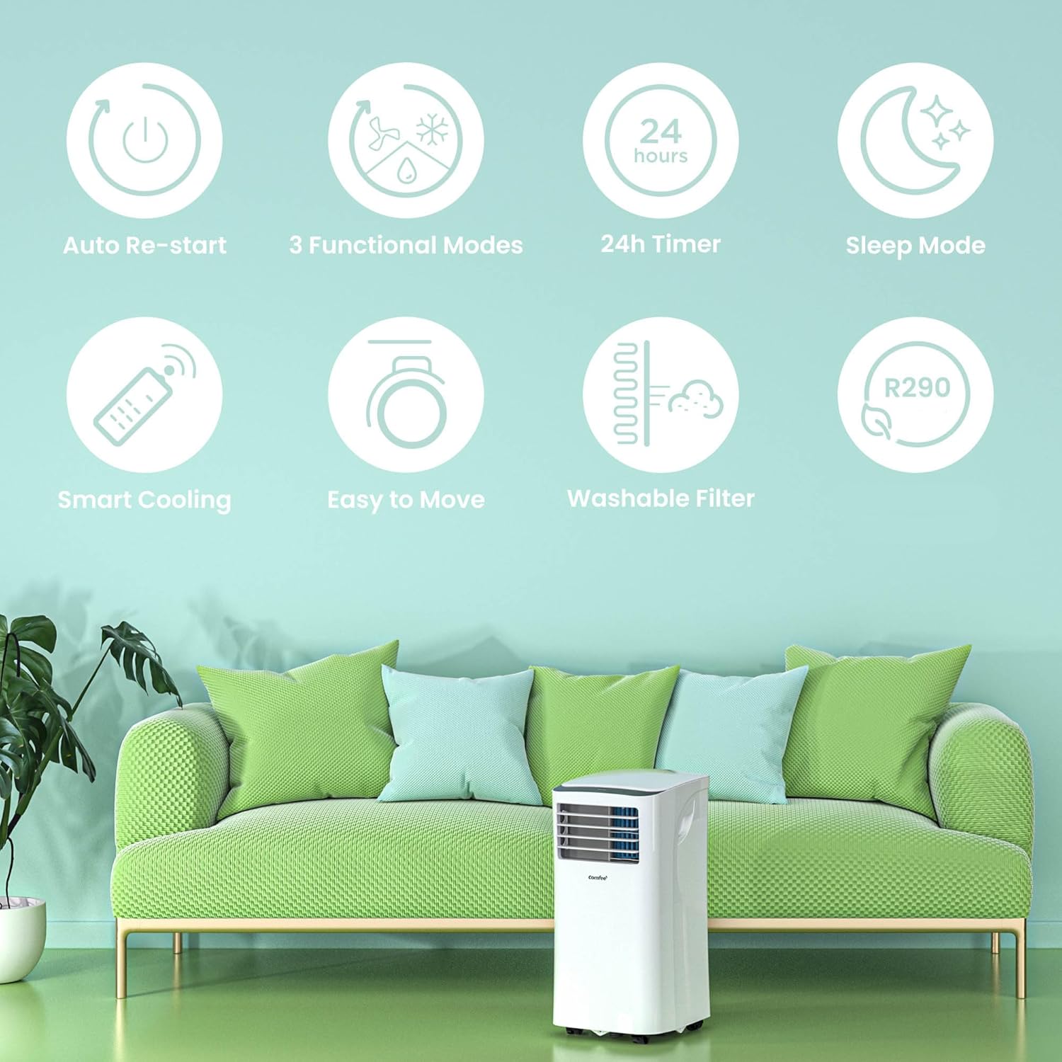 Pharmics Electro – Comfee Portable Air Conditioner MPPH-09CRN7, 9000 BTU / 2.6 kW, 3-in-1 Cooling, Dehumidifier & Fan, Up to 950 sq ft, with Exhaust Hose