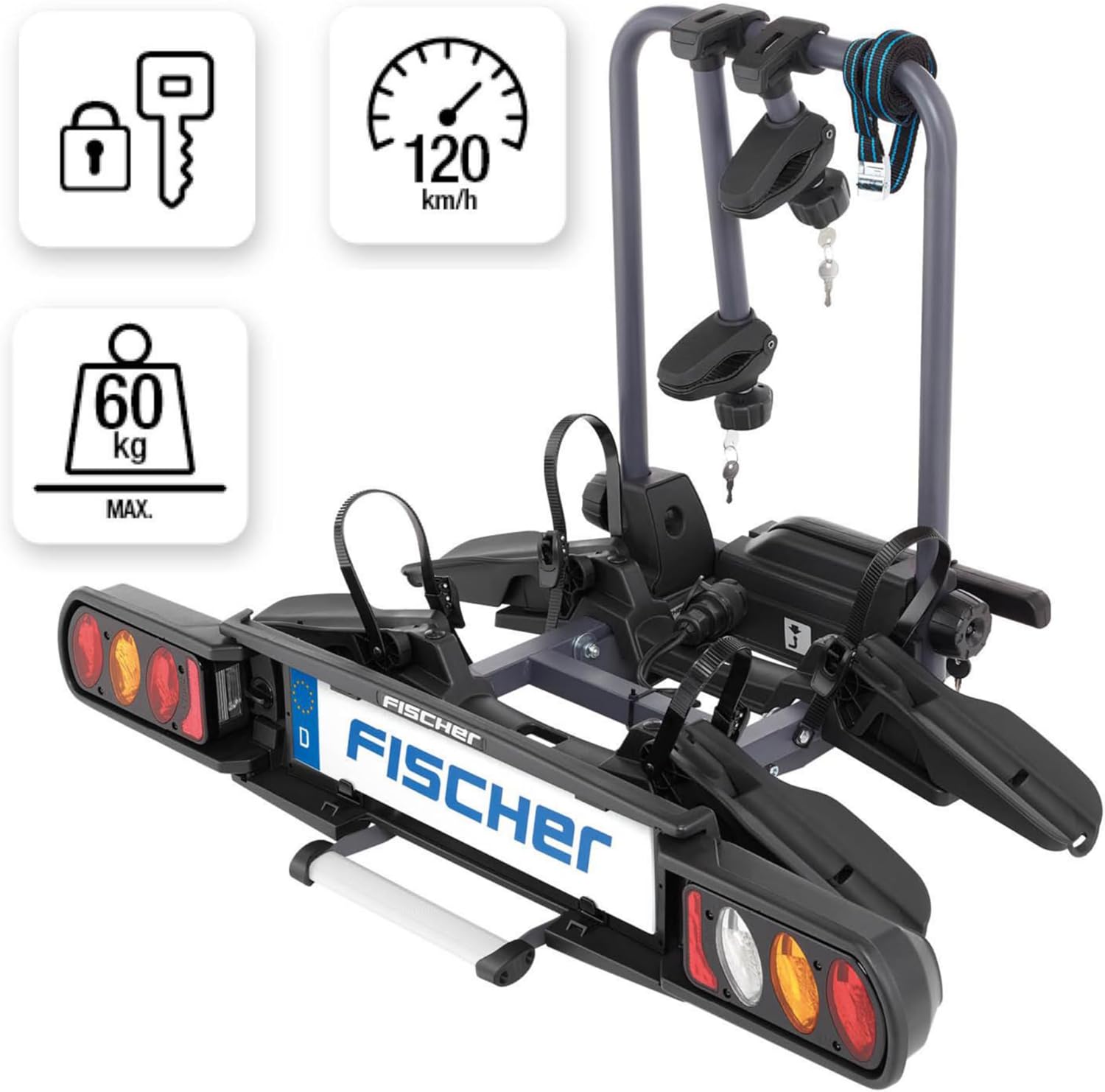 harmics Electro Fischer ProlineEvo 2 Hitch Bike Carrier for 2 Bikes, 60kg Capacity, E-Bike Compatible, Pre-Assembled, Lockable, Foldable