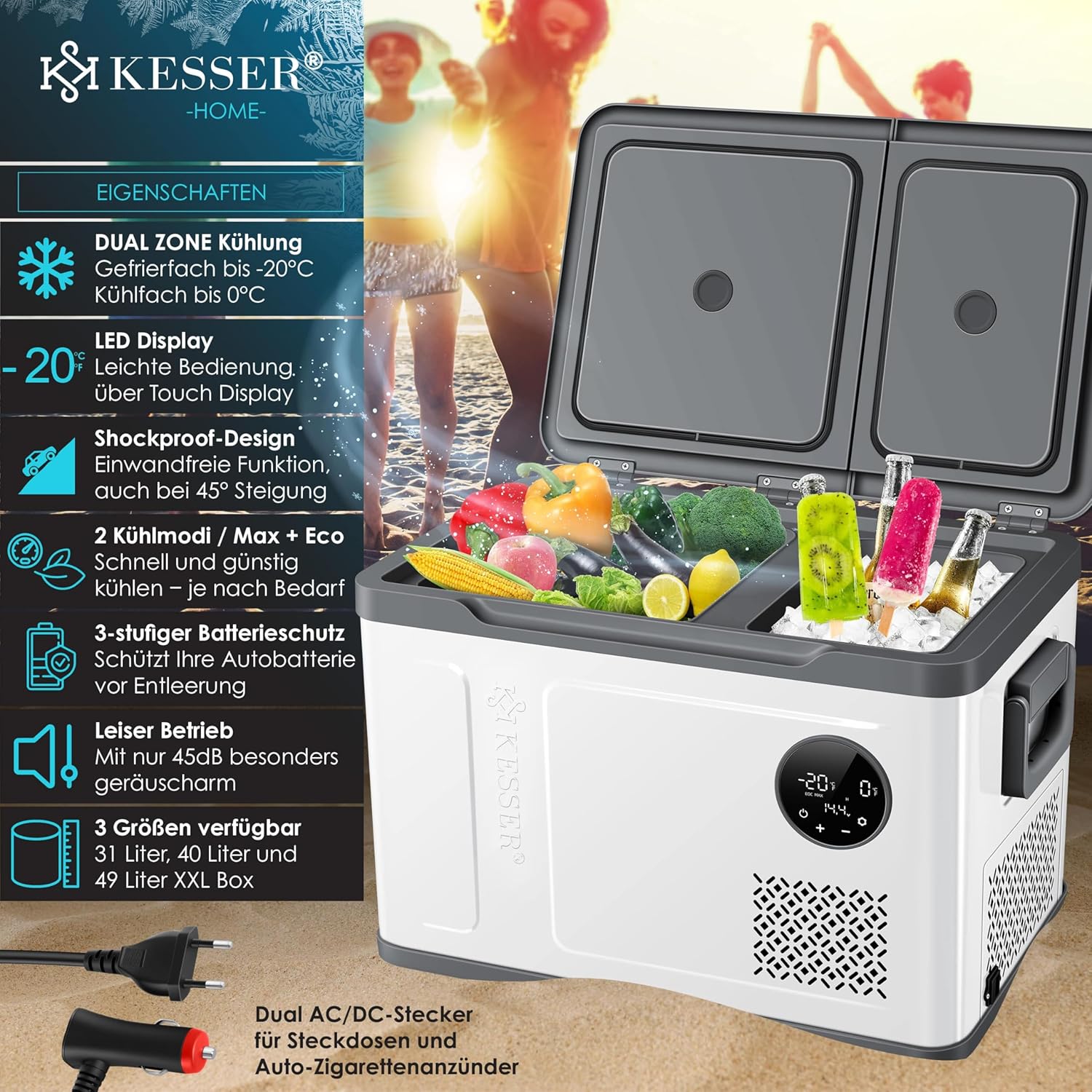 Pharmics Electro – KESSER Compressor Cooler Box 2-in-1 with Dual Zone Cooling and Freezing, LED Touch Display, 12/24V & 230V, Down to -20°C