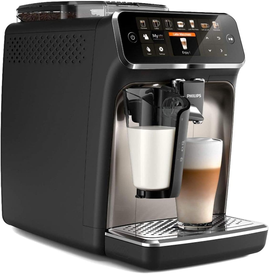 Pharmics Electro – Philips Series 5400 Fully Automatic Coffee Machine with LatteGo, 12 Coffee Specialties, Intuitive Display, 4 User Profiles, Chrome (EP5447/90)