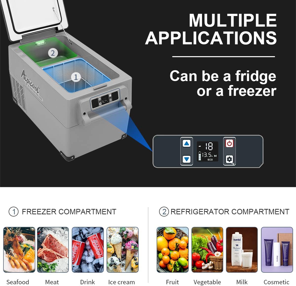 Pharmics Electro Alpicool CF55 55L Portable 12V Mini Fridge Freezer, -20°C to 20°C, for Car, Camping, Truck, Boat, AC/DC, with USB Port