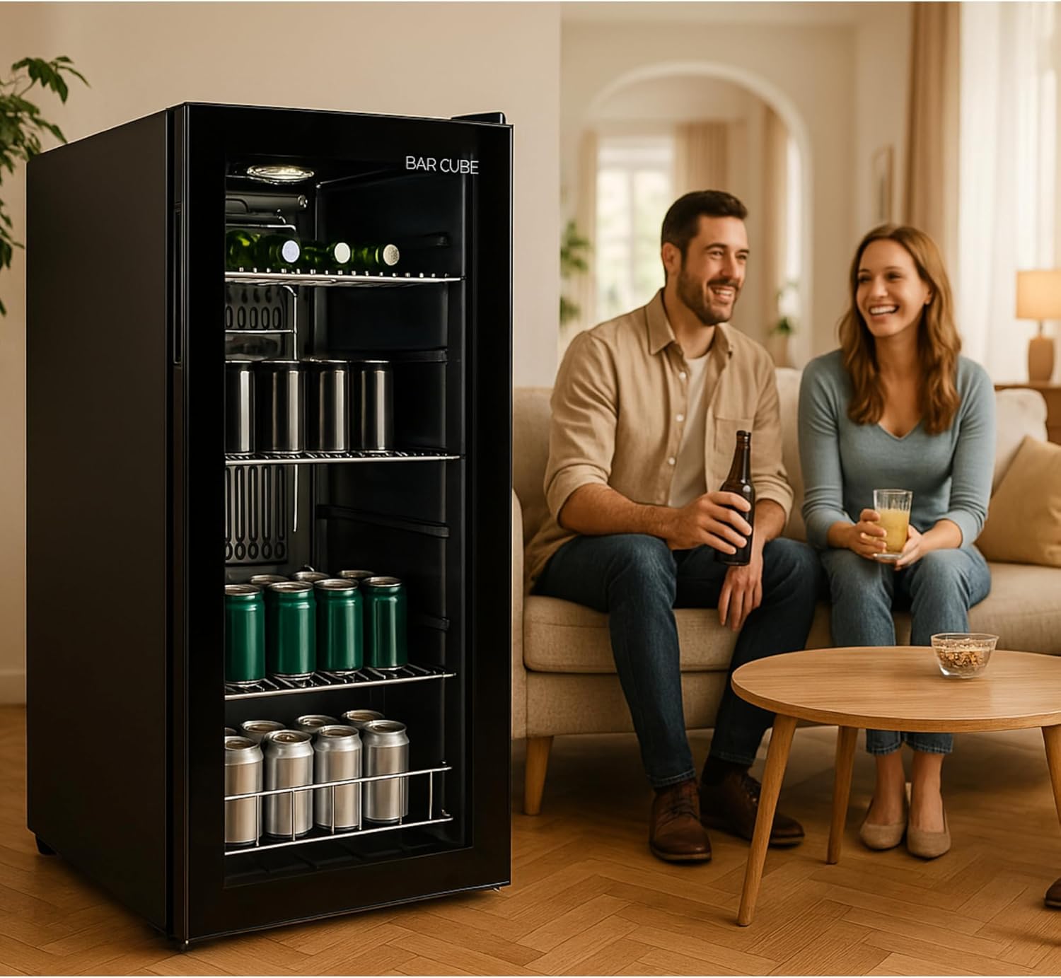 Pharmics Electro °CUBES 90L Beverage Refrigerator with Glass Door, Compact Drinks Fridge with 4 Adjustable Shelves, Black